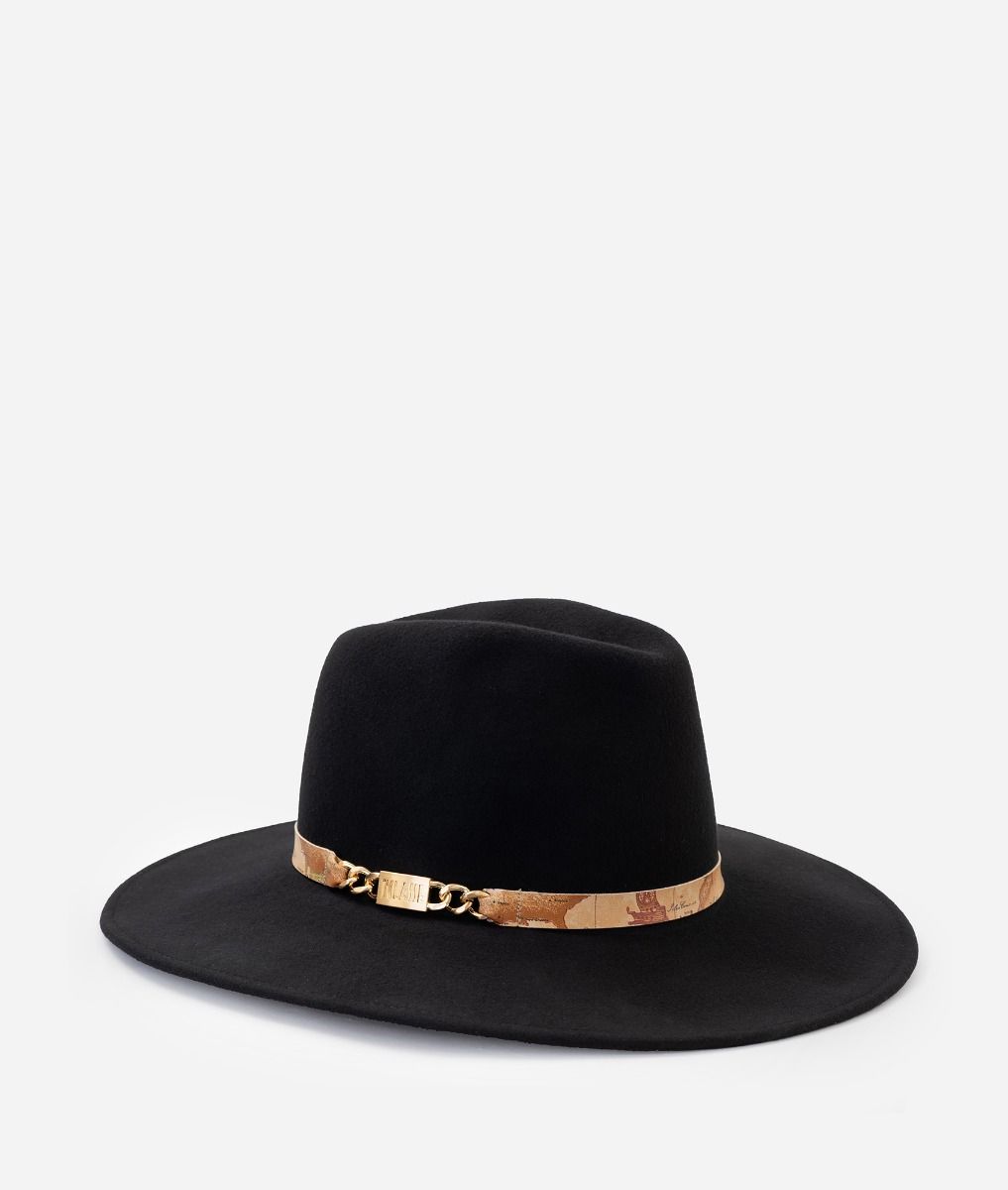 Wide brim felt hat with metal tag Black,front