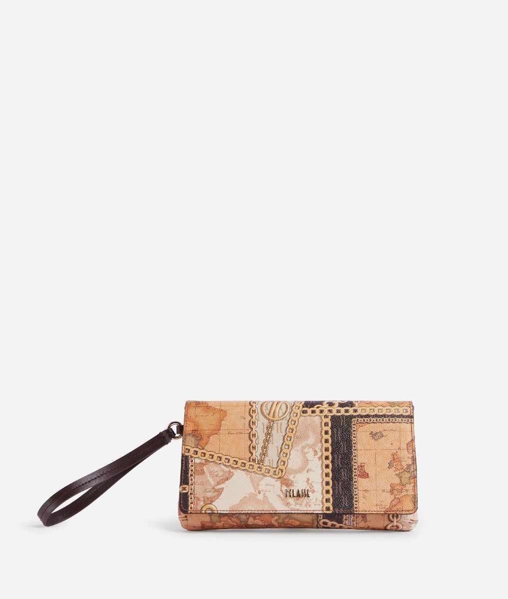Geo Gold Chain flap pouch with wristlet Dark Brown,front