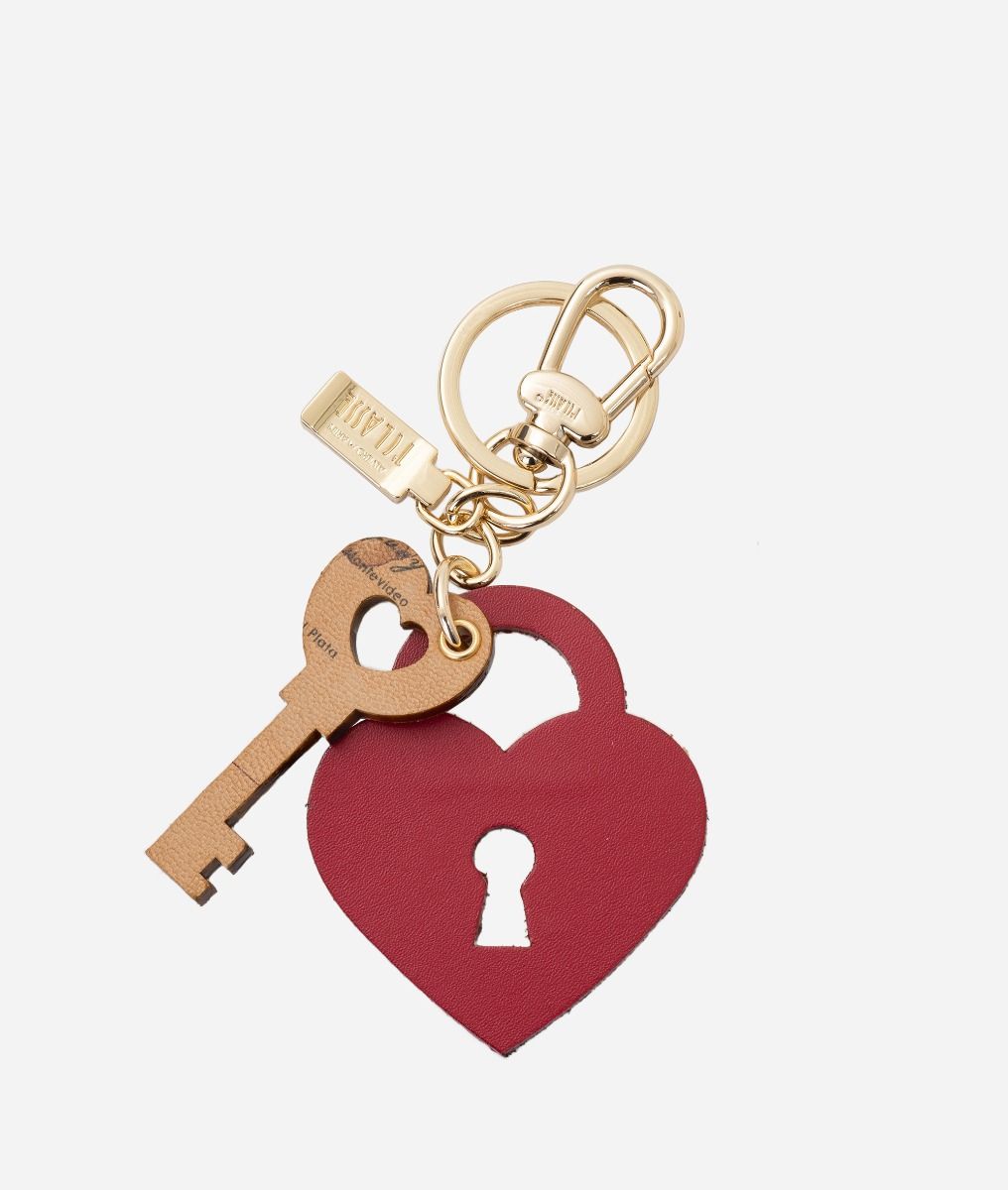 Heart padlock leather keychain Raspberry,front