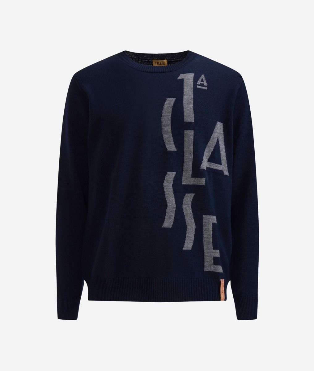 Wool blend crewneck sweater with logo Night Blue,front