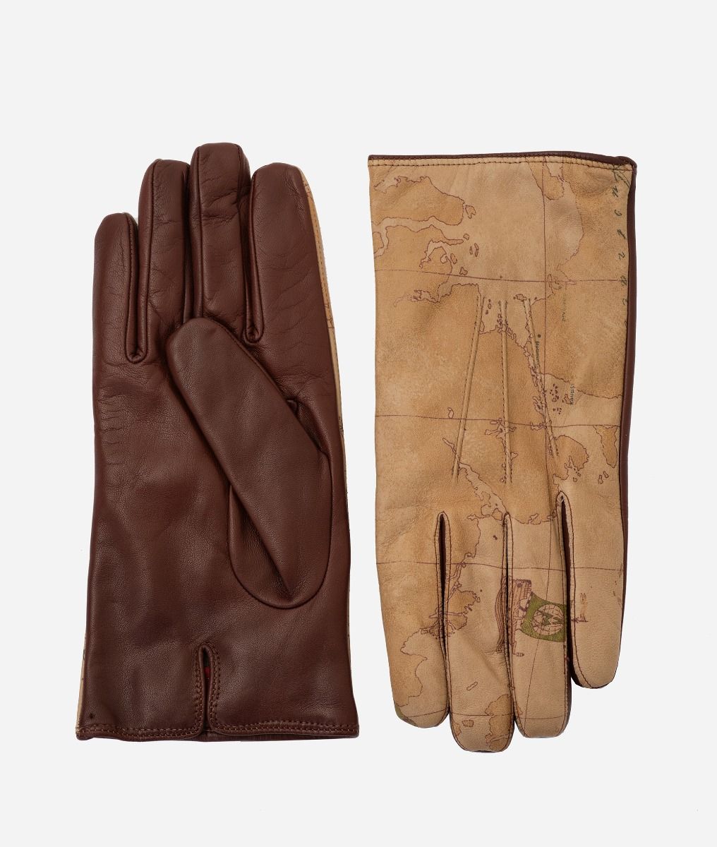 Leather/napa leather gloves with Geo Classic print Coffee,front