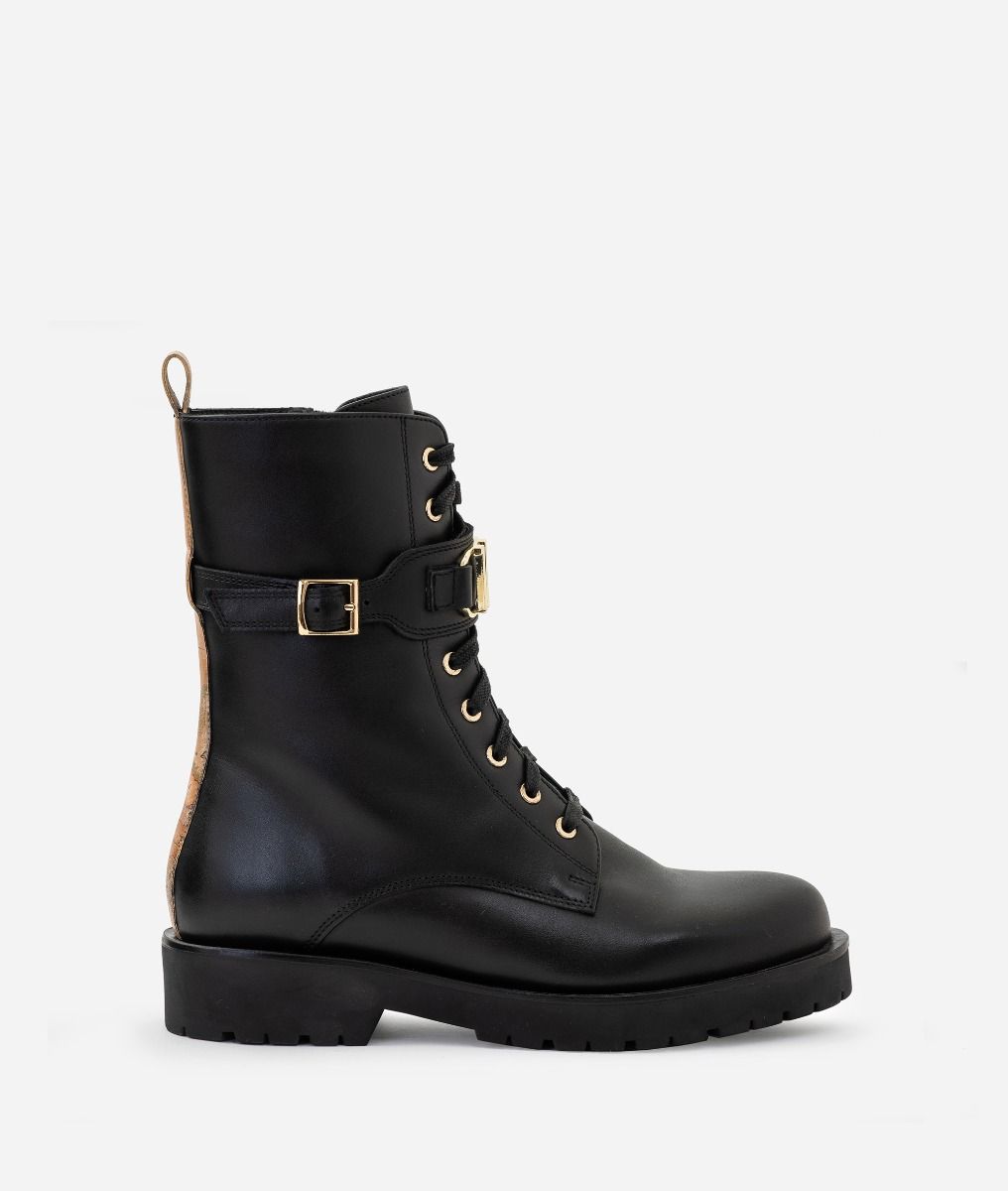 Smooth leather lace-up boots Black,front