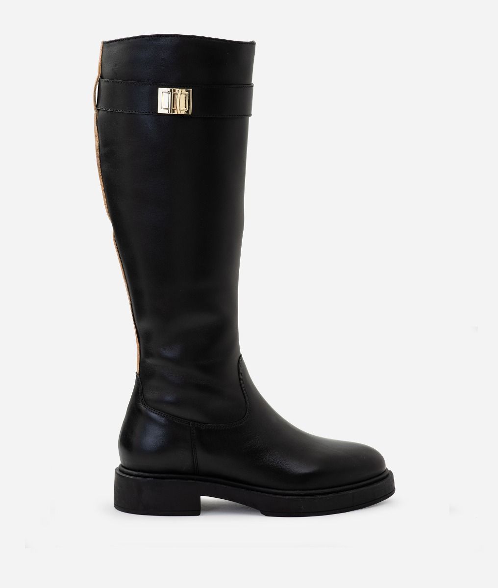 Smooth leather high boots with logo plate Black,front