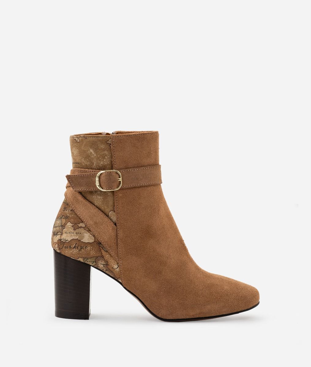 Suede ankle boots with strap Camel,front