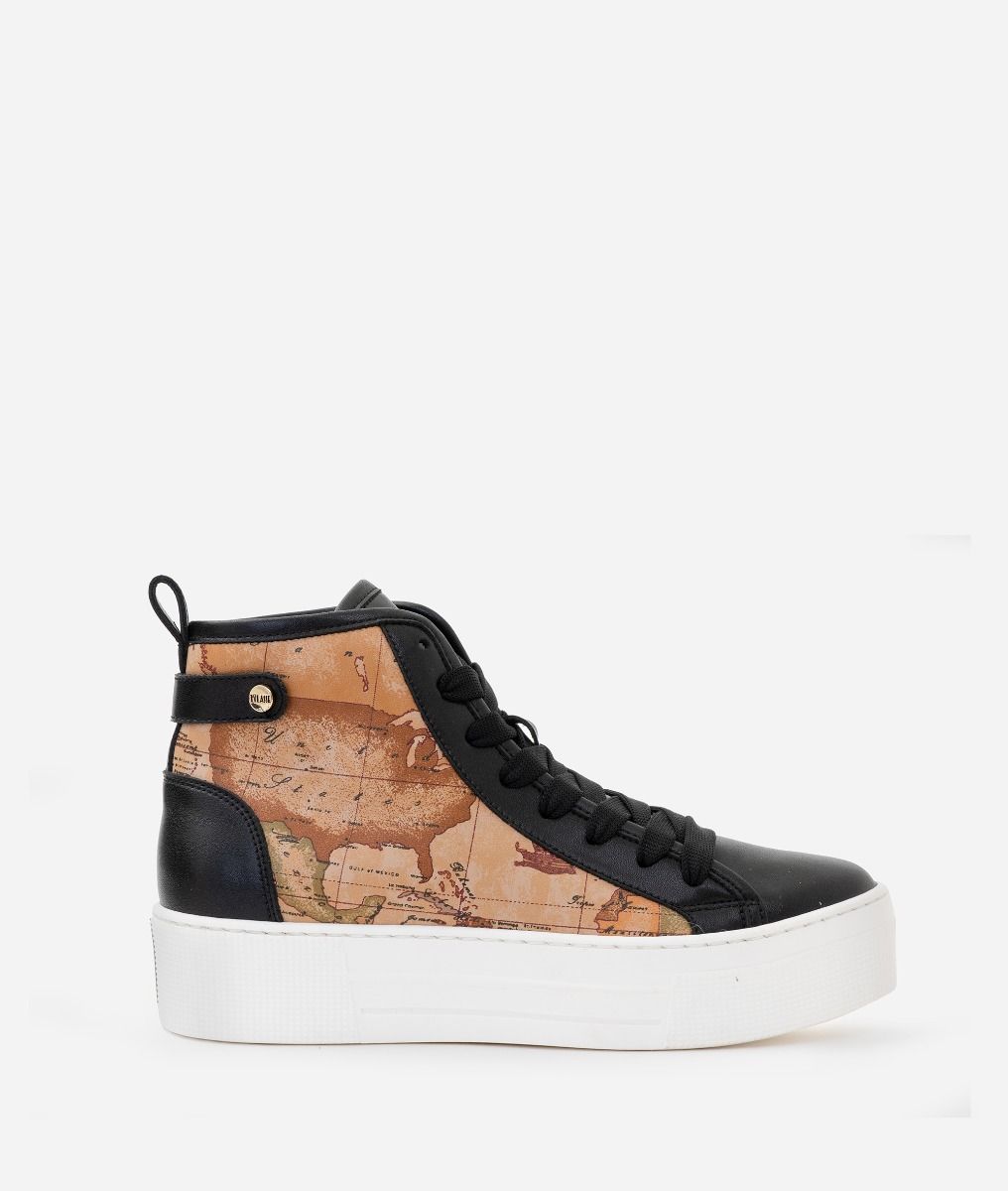 Smooth leather high top sneakers with Geo Classic print inserts Black,front