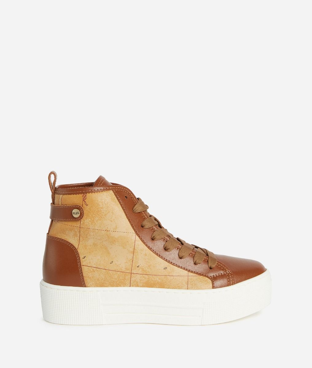 Smooth leather high top sneakers with Geo Classic print inserts Chestnut,front