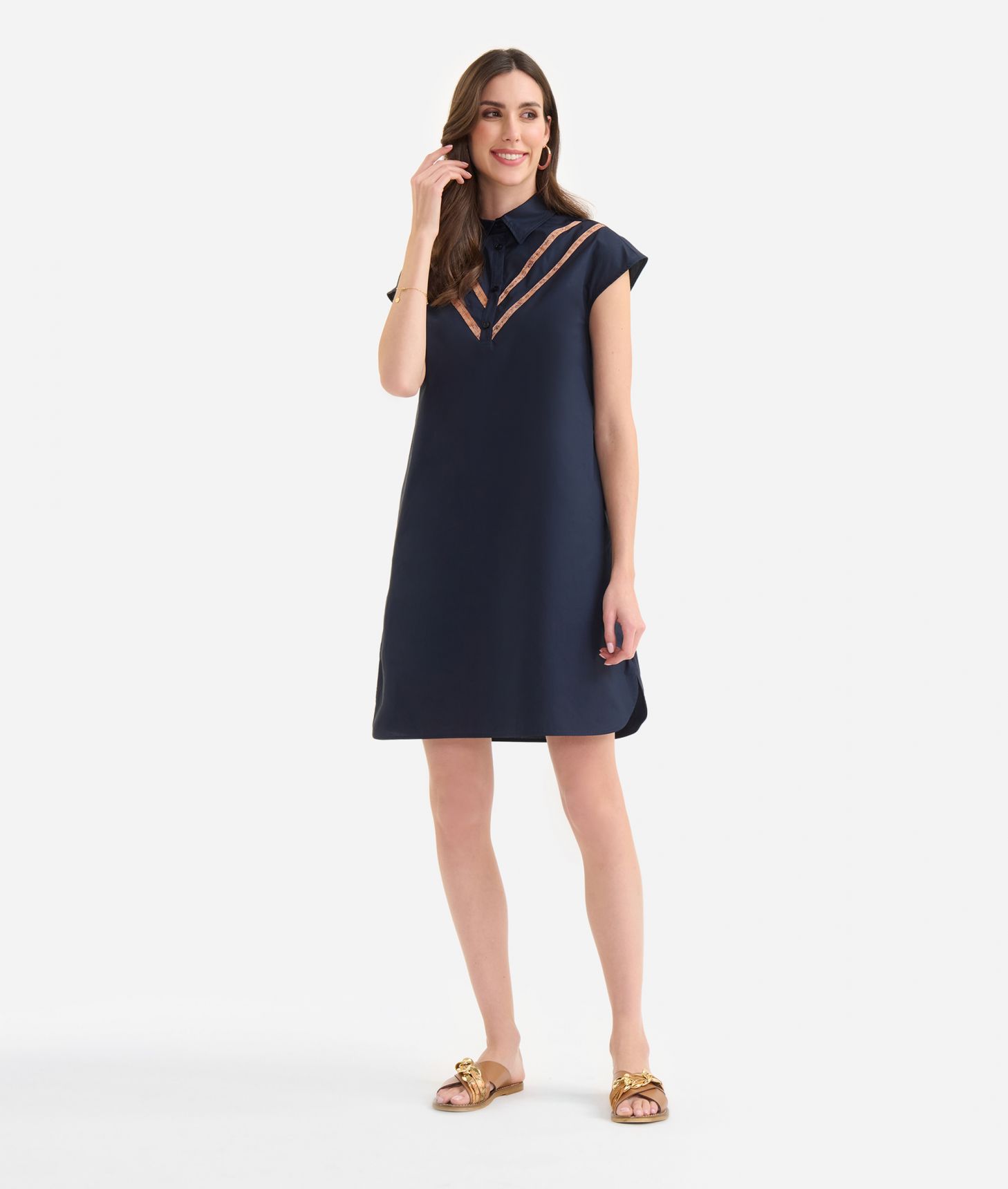 Crisp cotton poplin shift dress with neckline detail Dark Blue,front