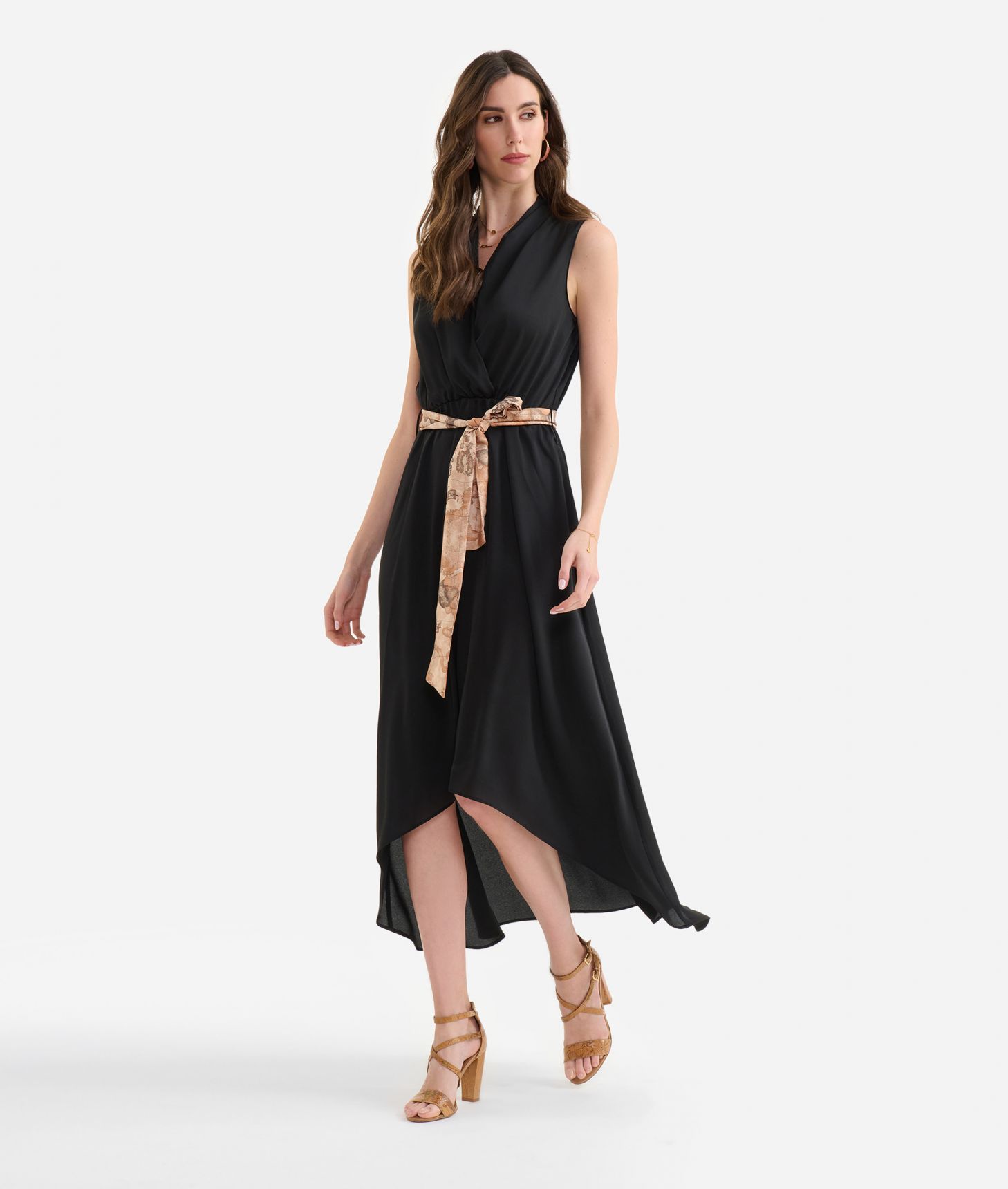 Long crêpe fabric dress with sash Black,front