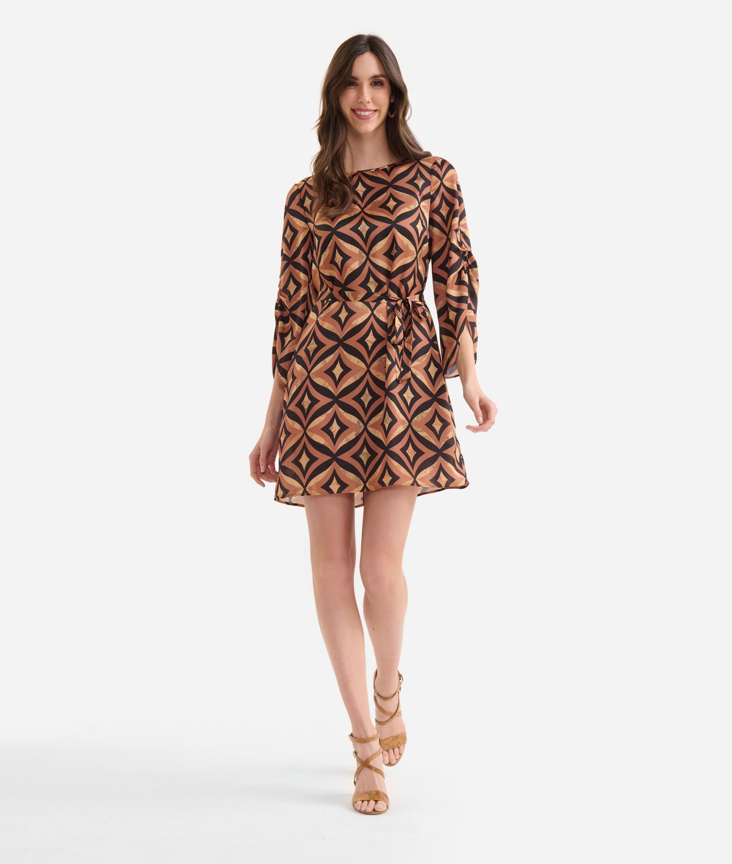 Geo-metric print twill dress with sleeve detail Black,front