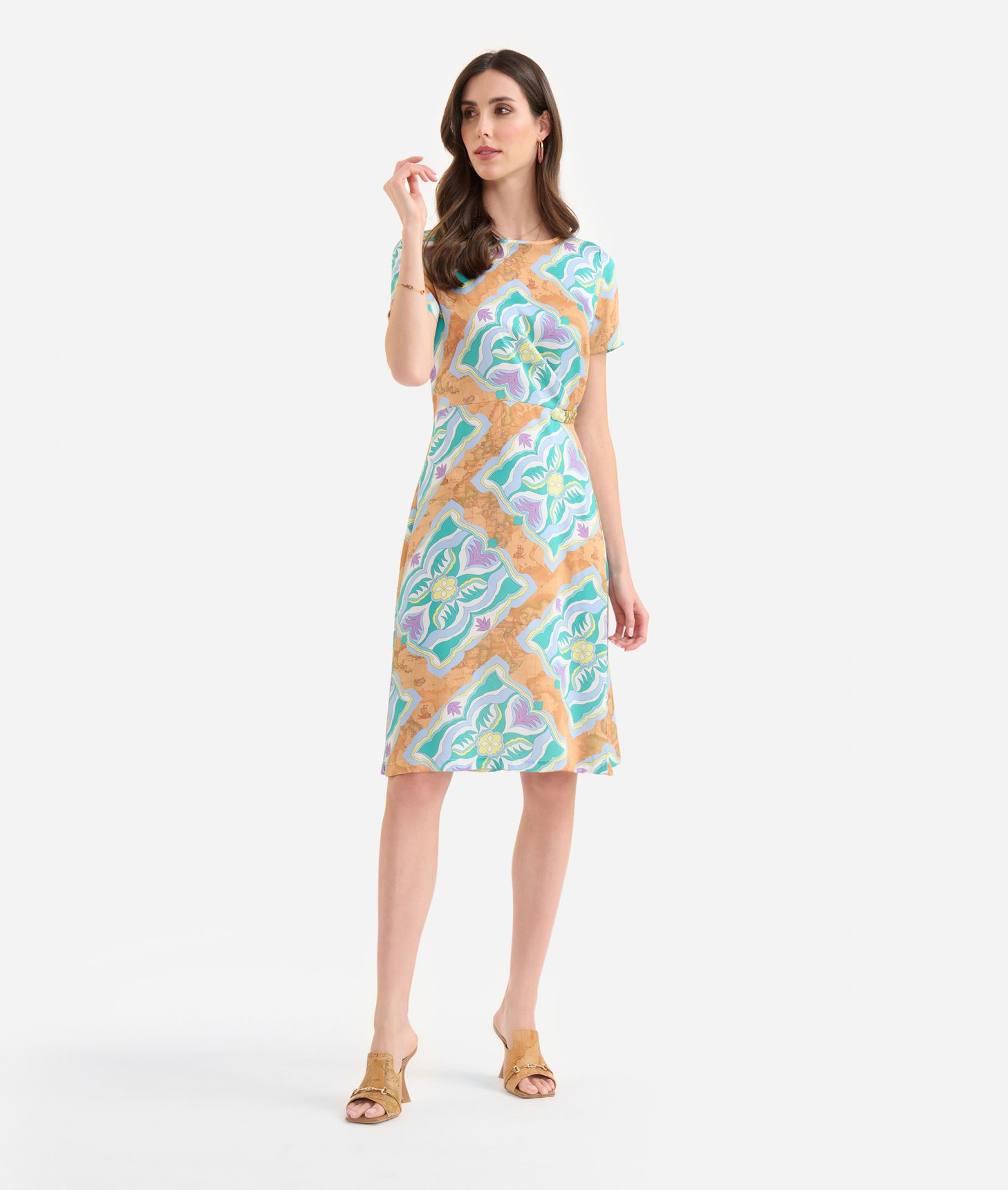 Geo Miami Deco print twill dress with logo loop Lilac,front