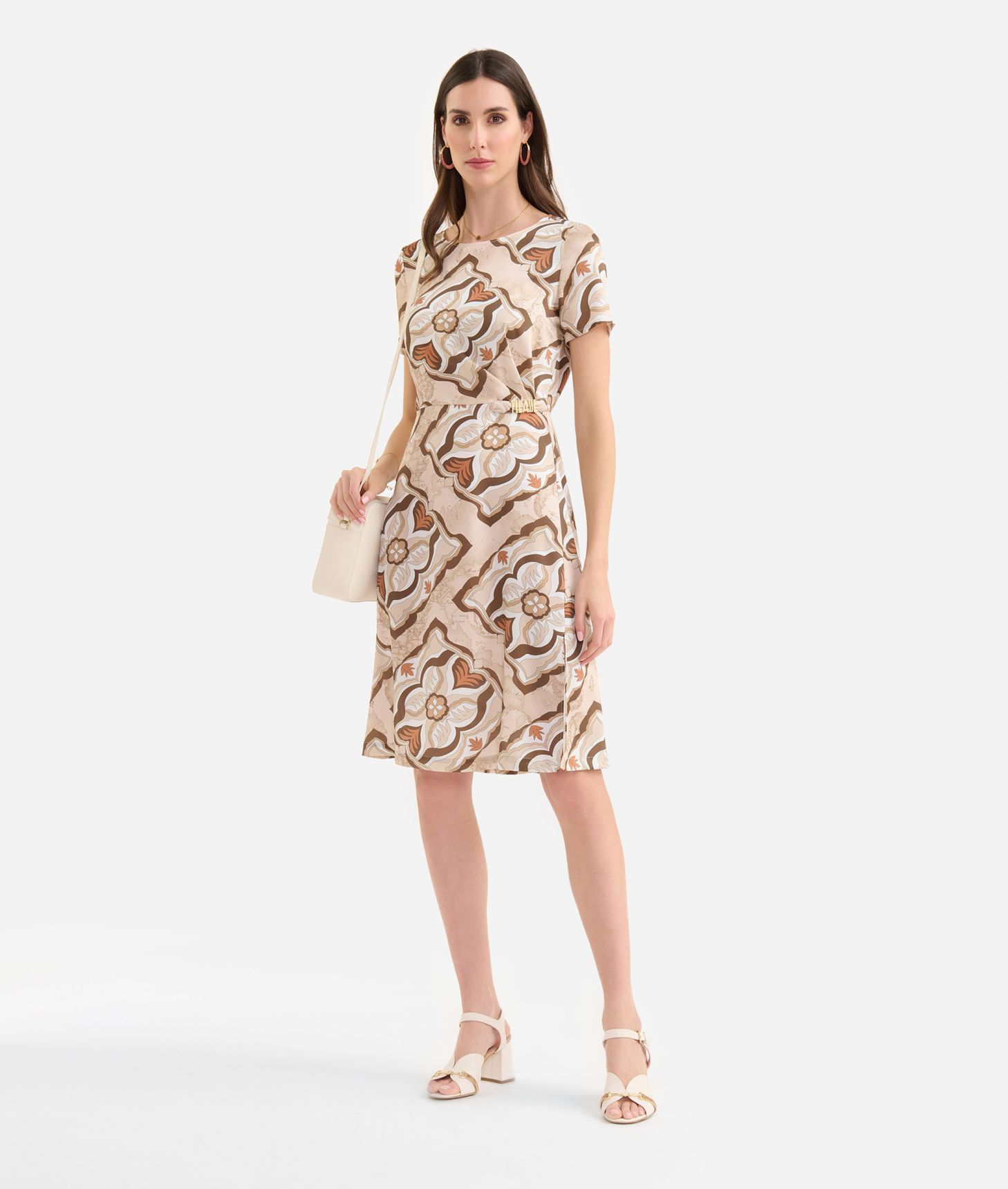 Geo Miami Deco print twill dress with logo loop Sand,front