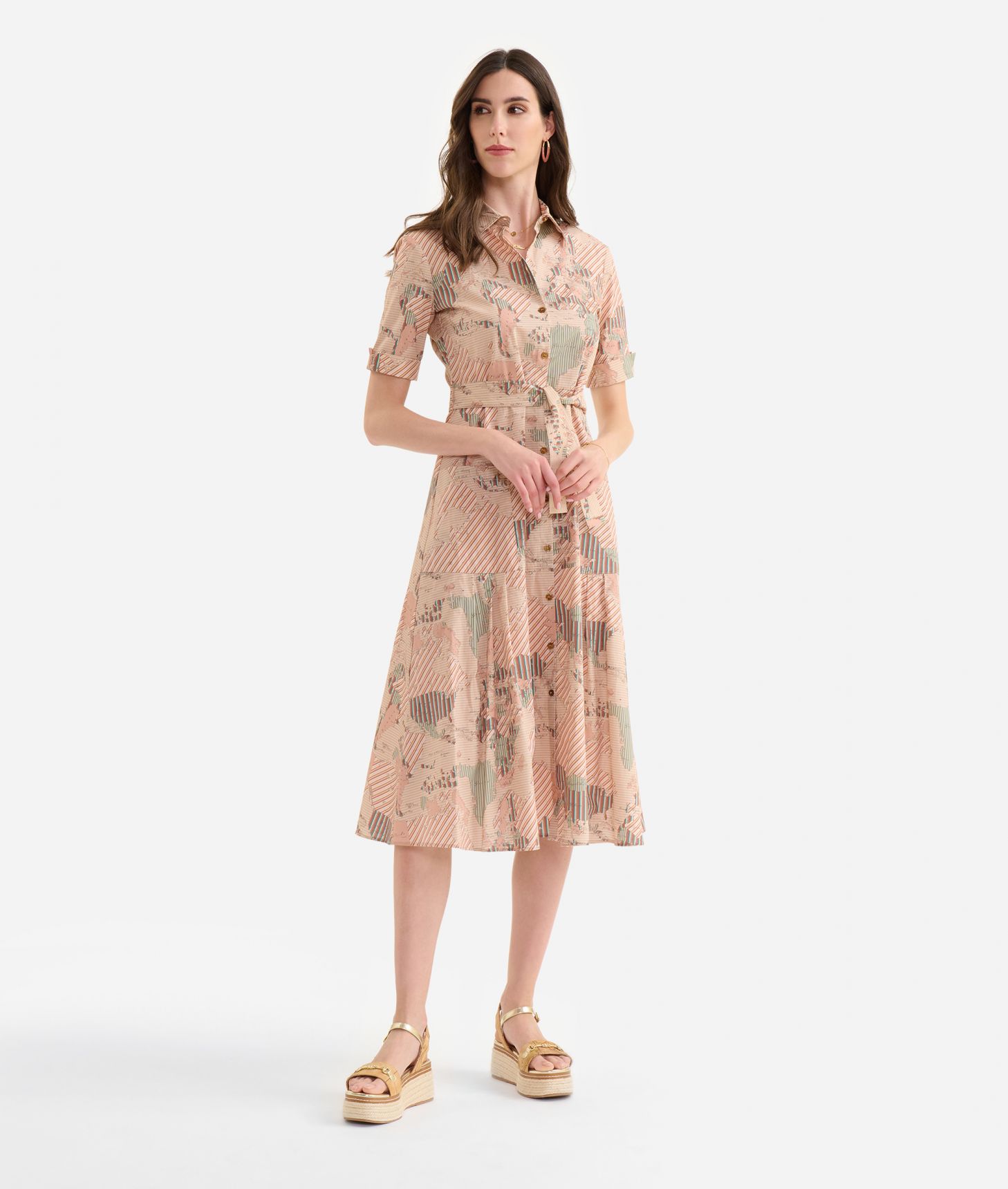 Long organic cotton poplin shirt dress with Geo Multistripe print Sand,front