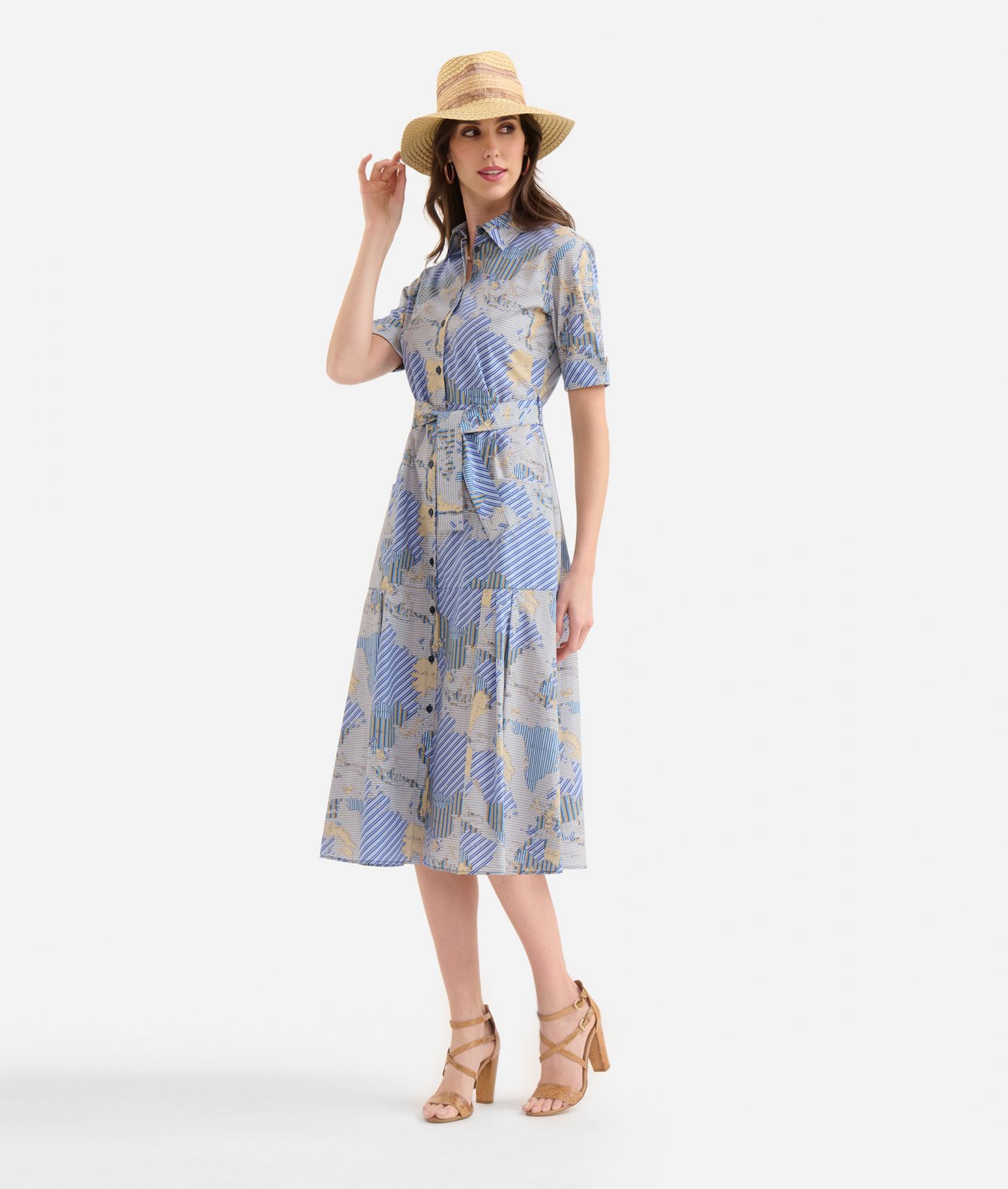 Long organic cotton poplin shirt dress with Geo Multistripe print Blue,front