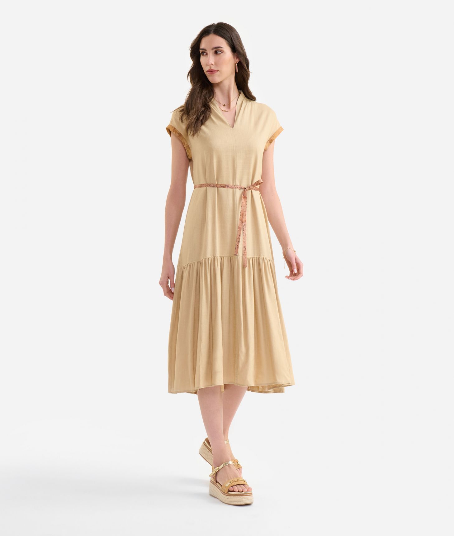 Linen and viscose blend dress with flounce Sand,front