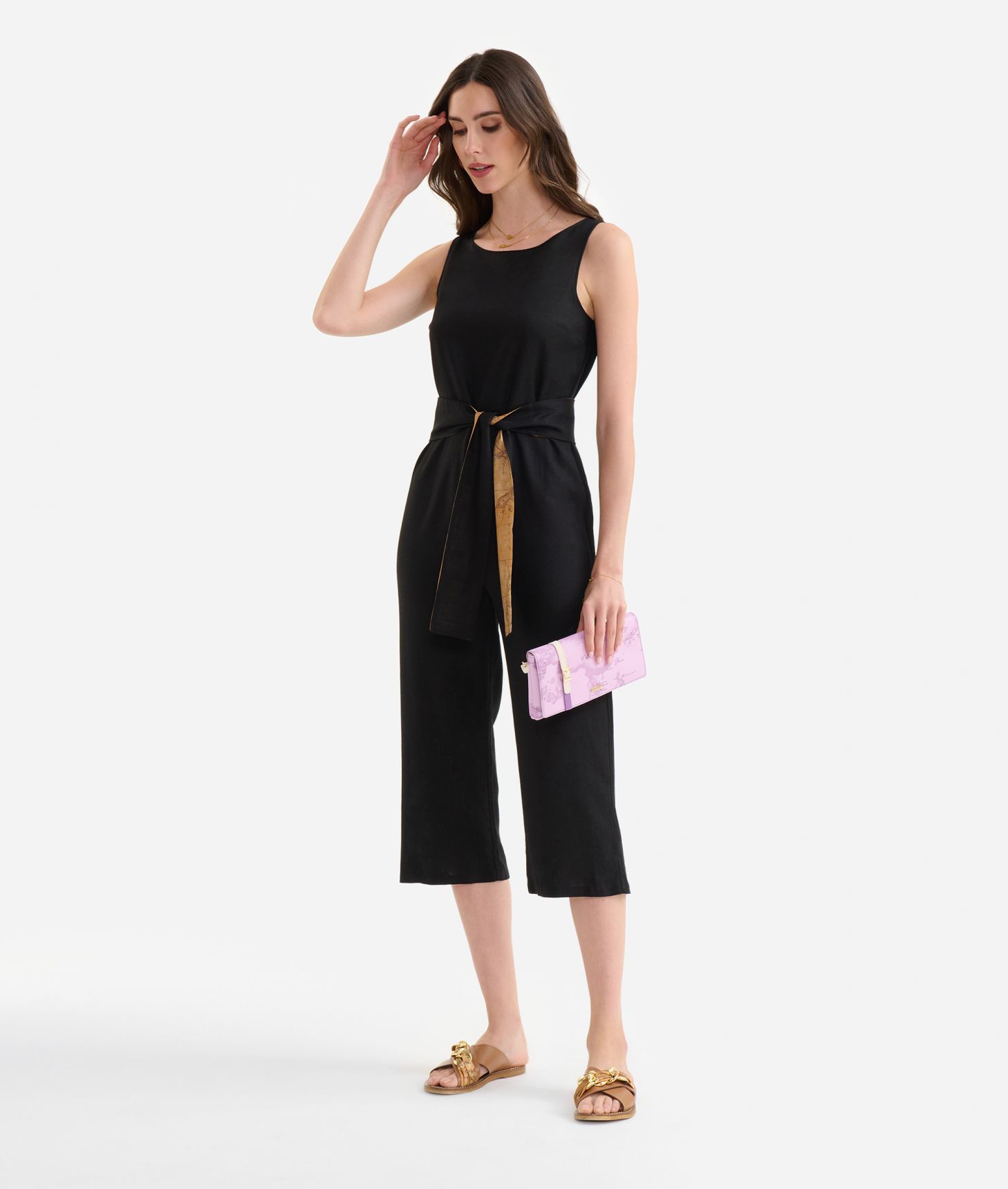 Linen and viscose blend jumpsuit with sash Black,front