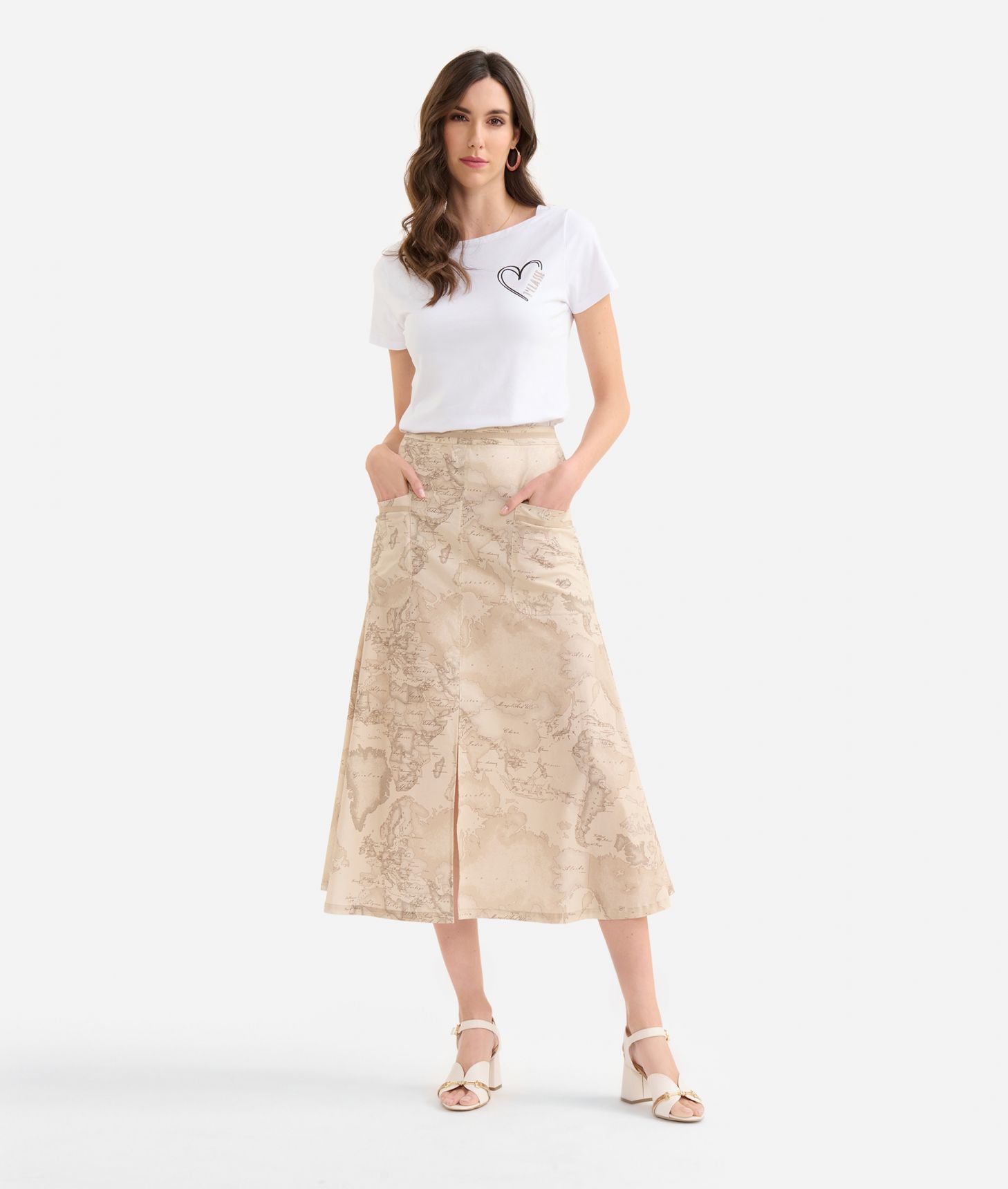 Cotton poplin long skirt with pockets Geo Color Beige,front