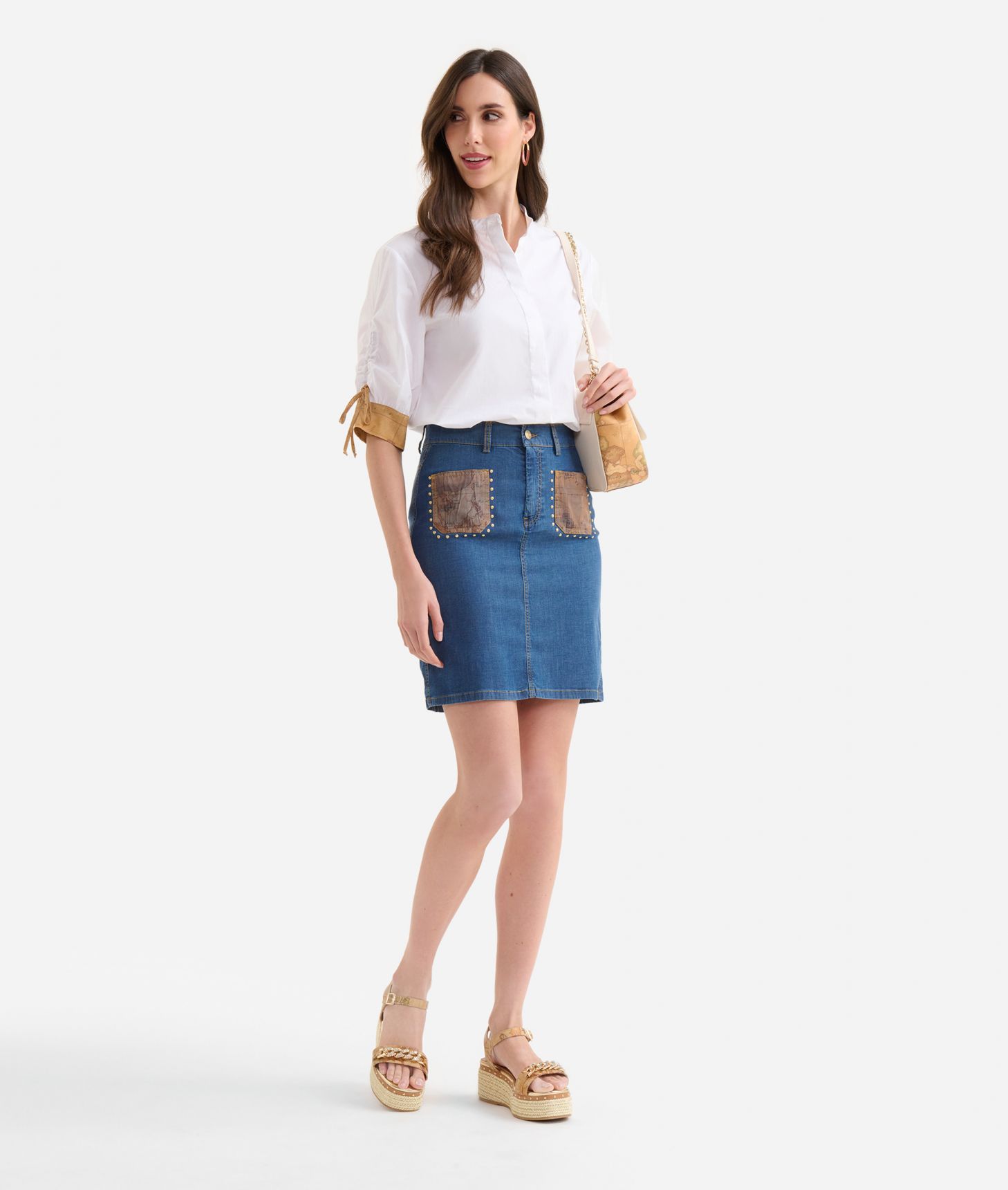 Lightweight denim skirt with studs Super stone wash Blue,front