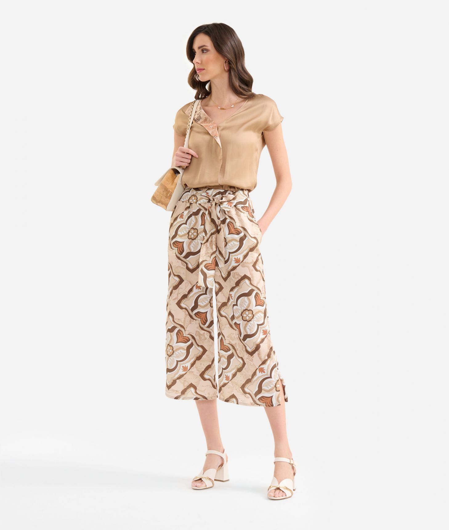 Geo Miami Deco print twill cropped trousers Sand,front