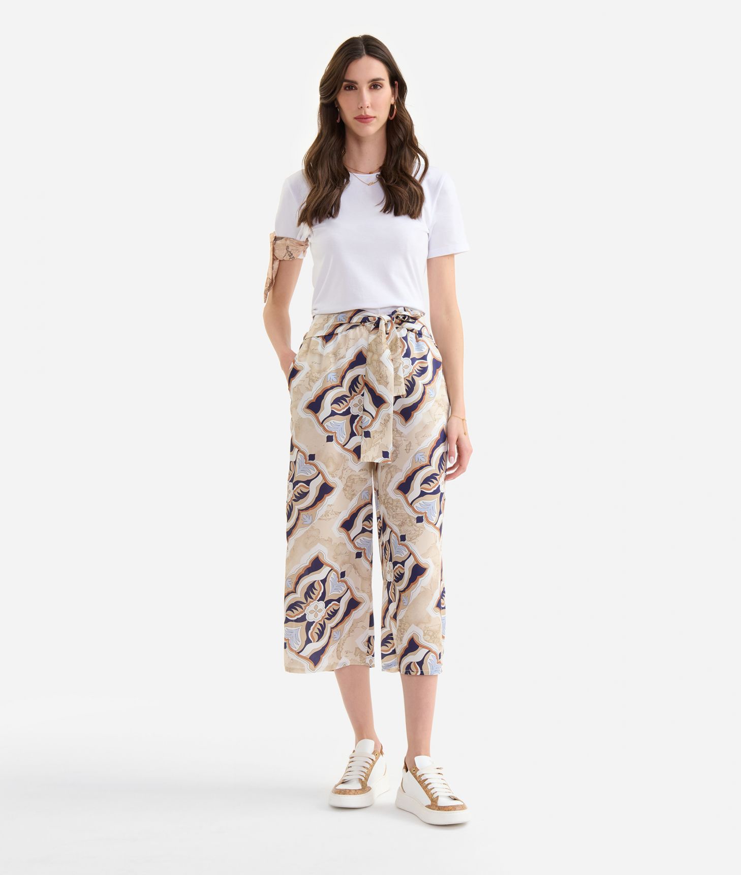 Geo Miami Deco print twill cropped trousers Blue,front