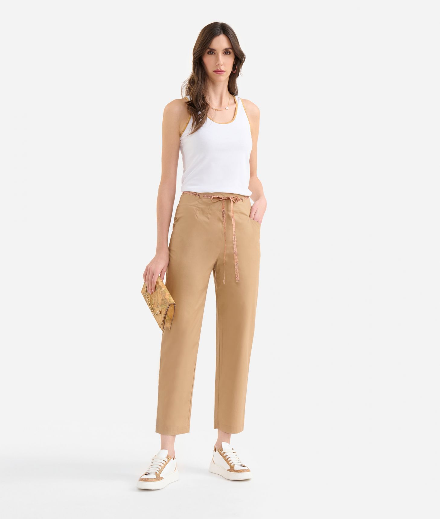 Crisp cotton poplin casual trousers Desert Tan,front