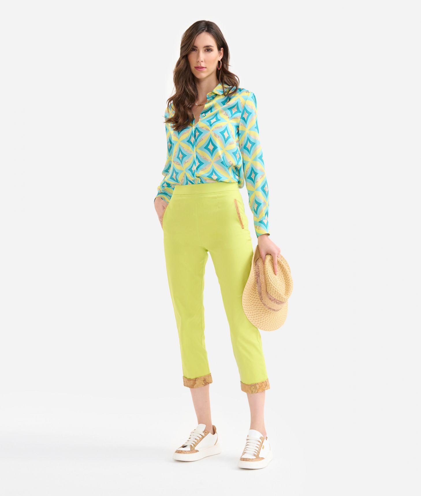 Stretch cotton gabardine trousers with cuffs Lime,front