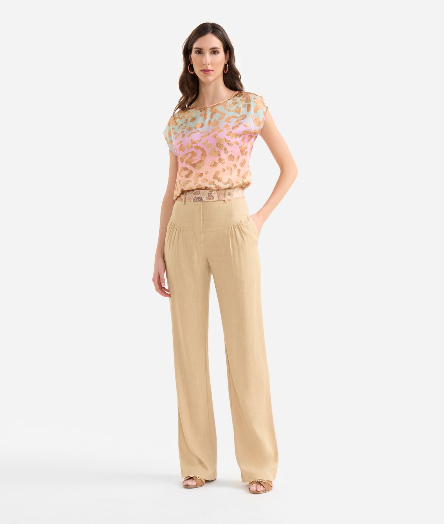 Linen and viscose blend trousers with belt detail Sand,front