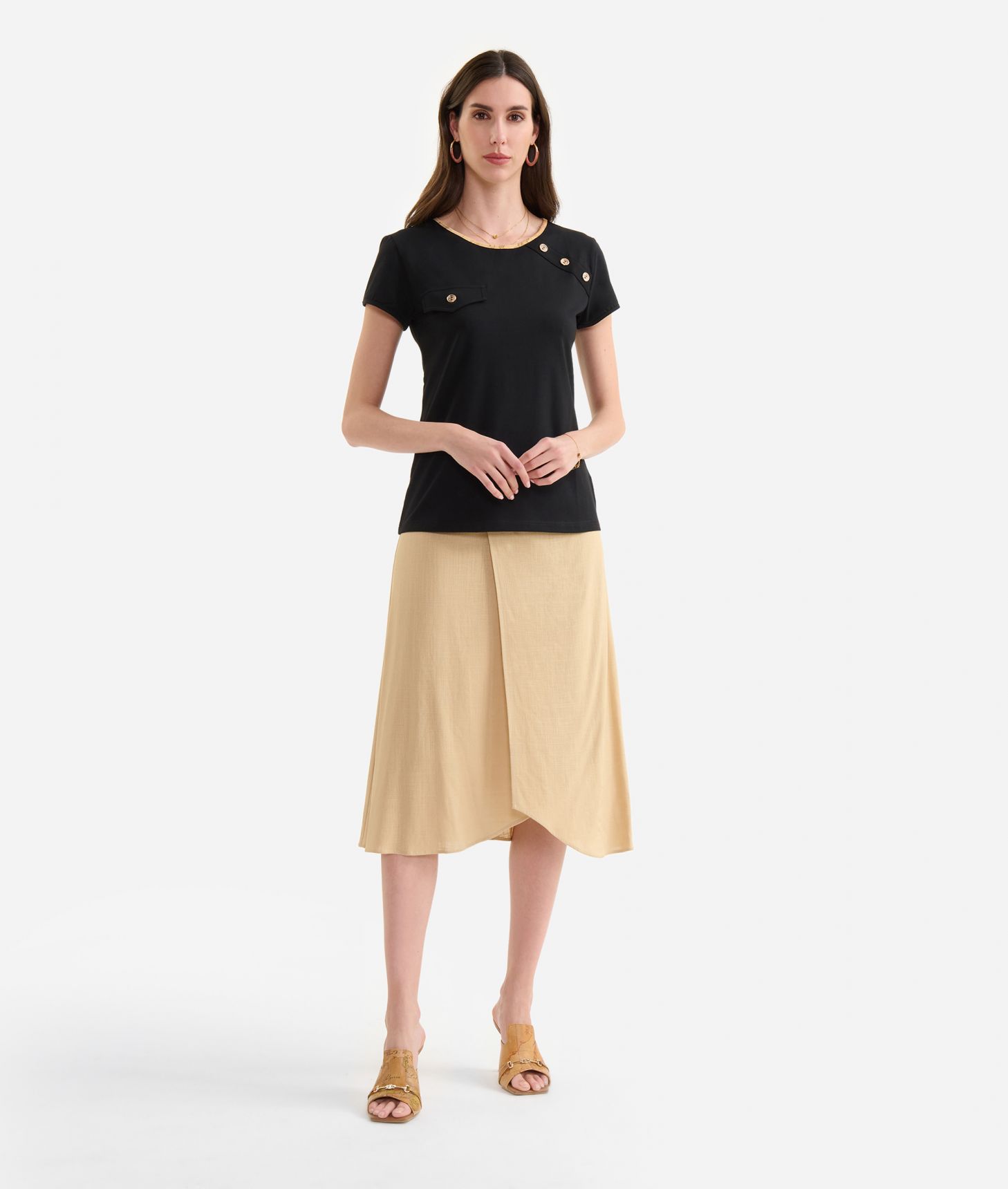 Stretch cotton jersey t-shirt with jewel buttons Black,front