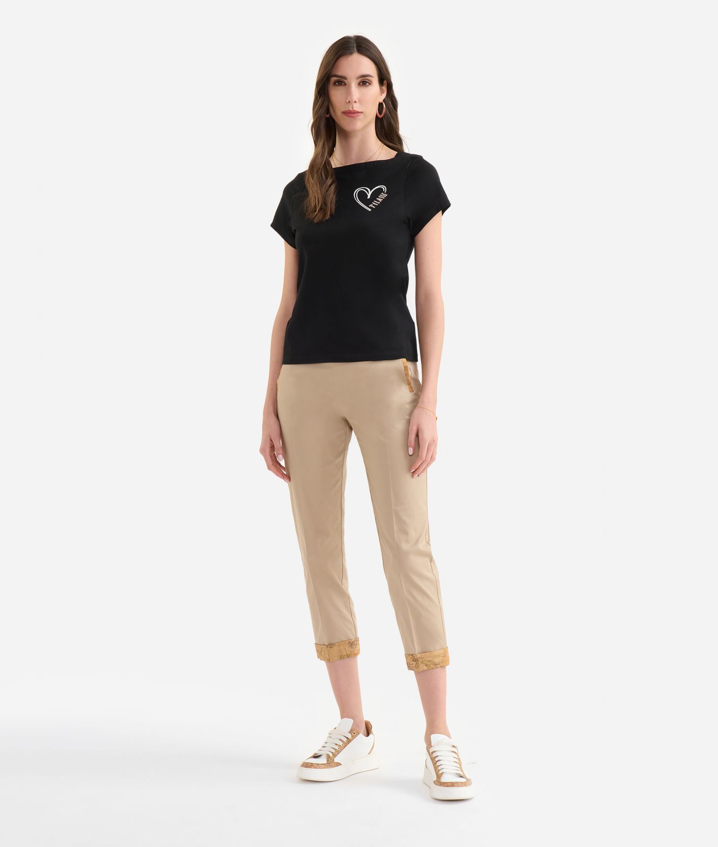 Stretch cotton jersey t-shirt with heart print and logo Black,front