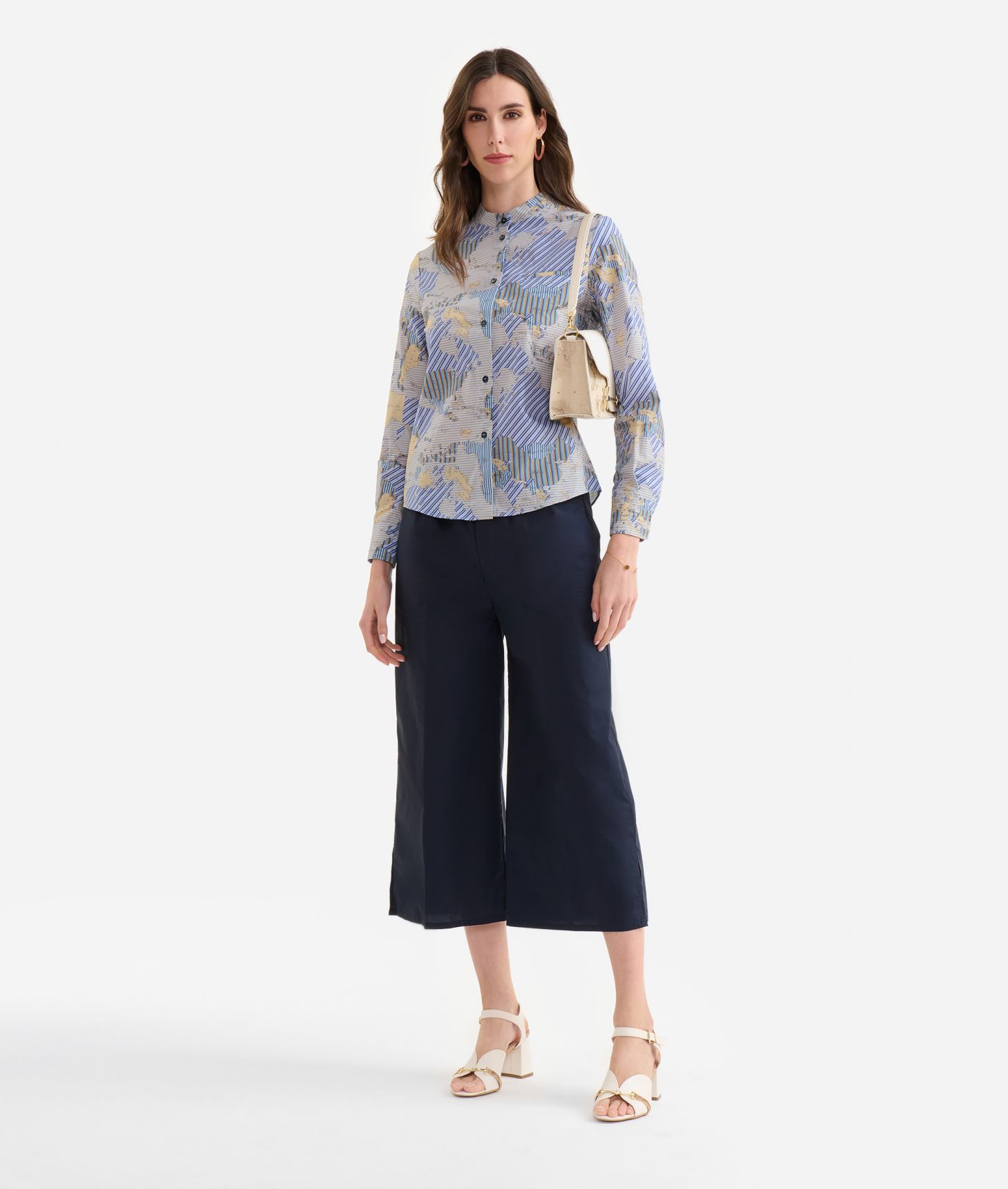 Organic cotton poplin Korean collar shirt with Geo Multistripe print Blue,front