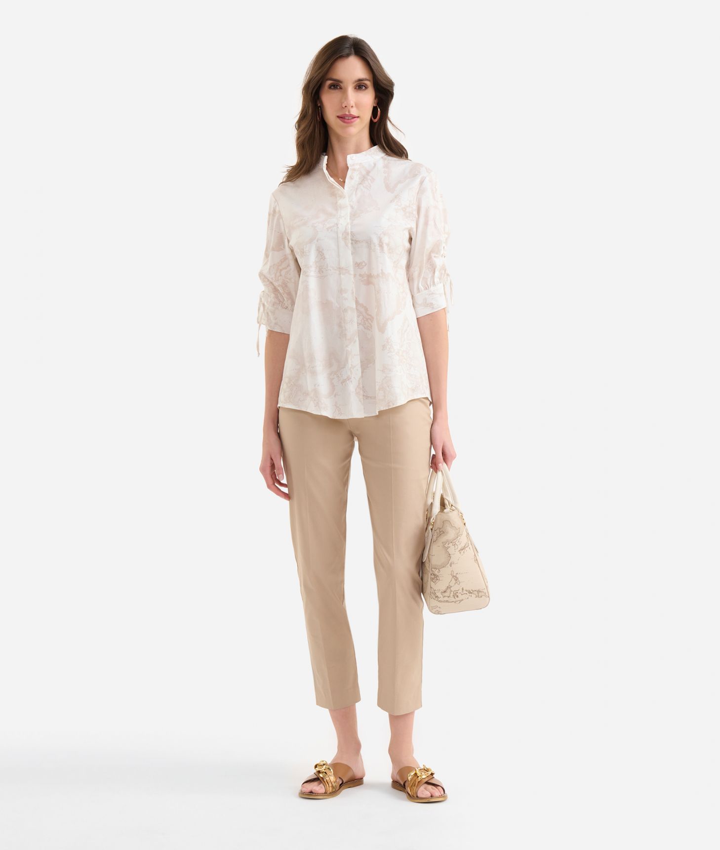 Cotton poplin shirt with sleeve laces Geo Color White,front