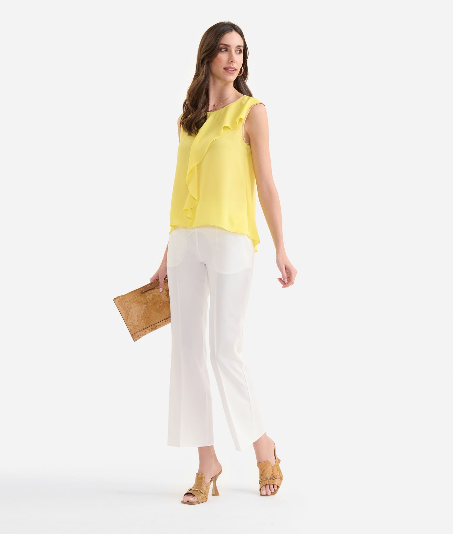 Crêpe de chine sleeveless top with flounce Yellow,front