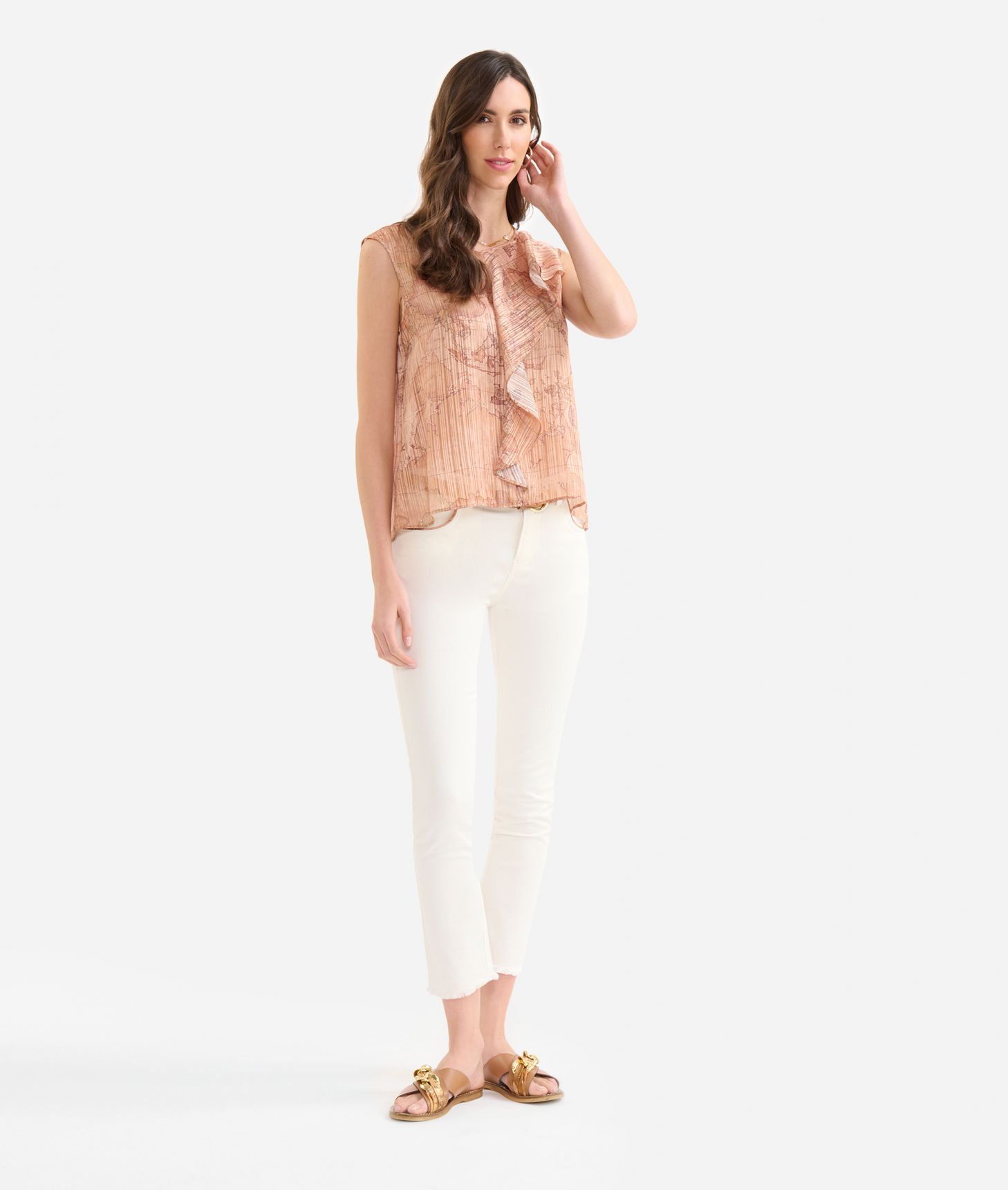 Top con volant in organza stampa Geo Special Beige,front