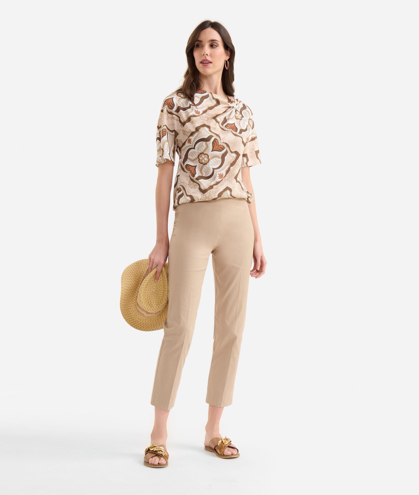 Twill kimono-sleeve blouse with Geo Miami Deco print Sand,front