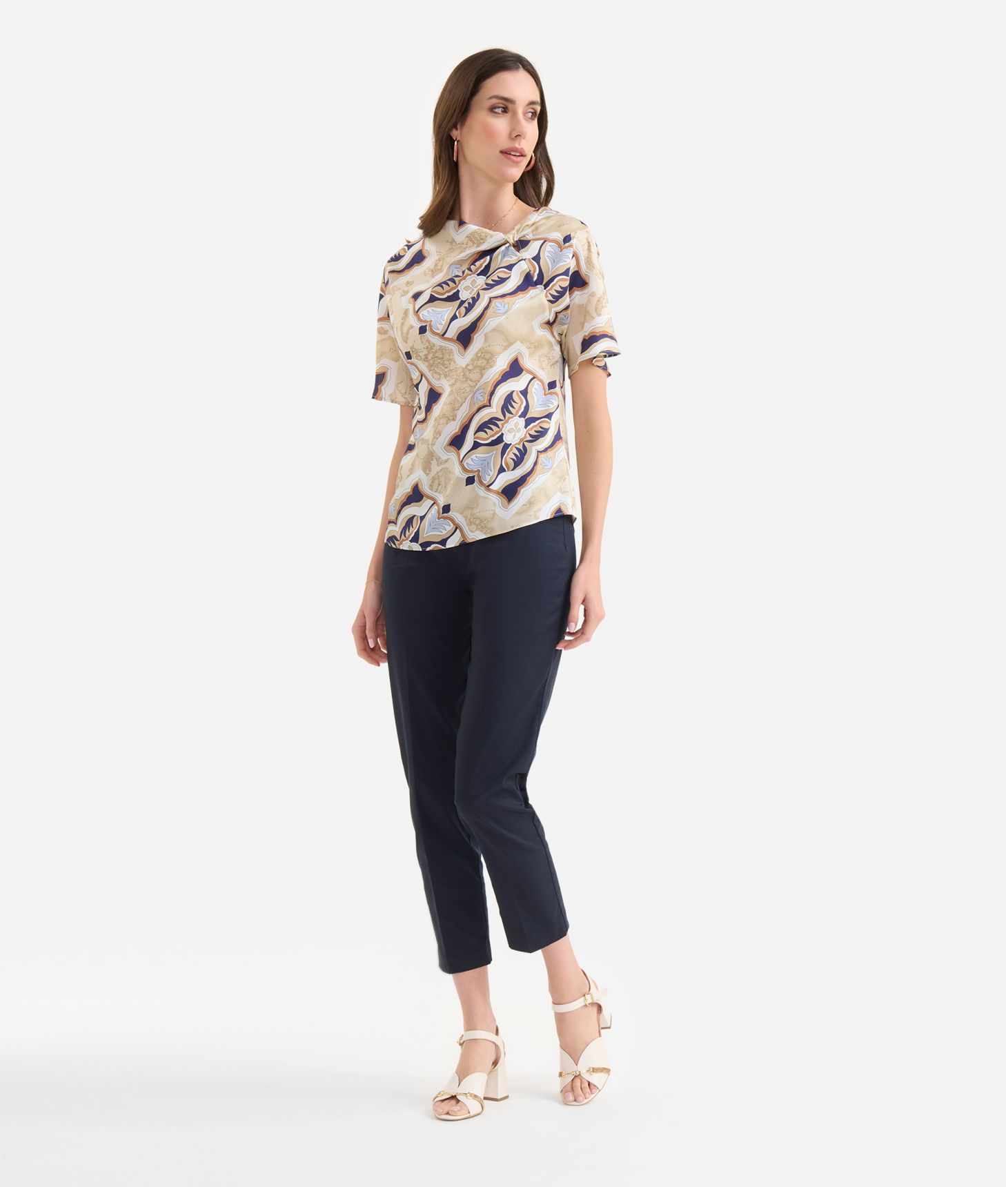 Twill kimono-sleeve blouse with Geo Miami Deco print Blue,front