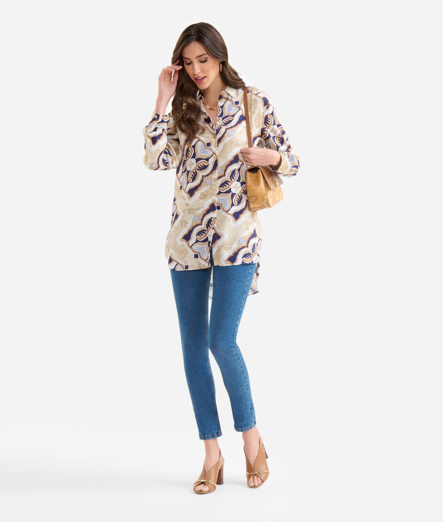 Oversize twill shirt with Geo Miami Deco print Blue,front