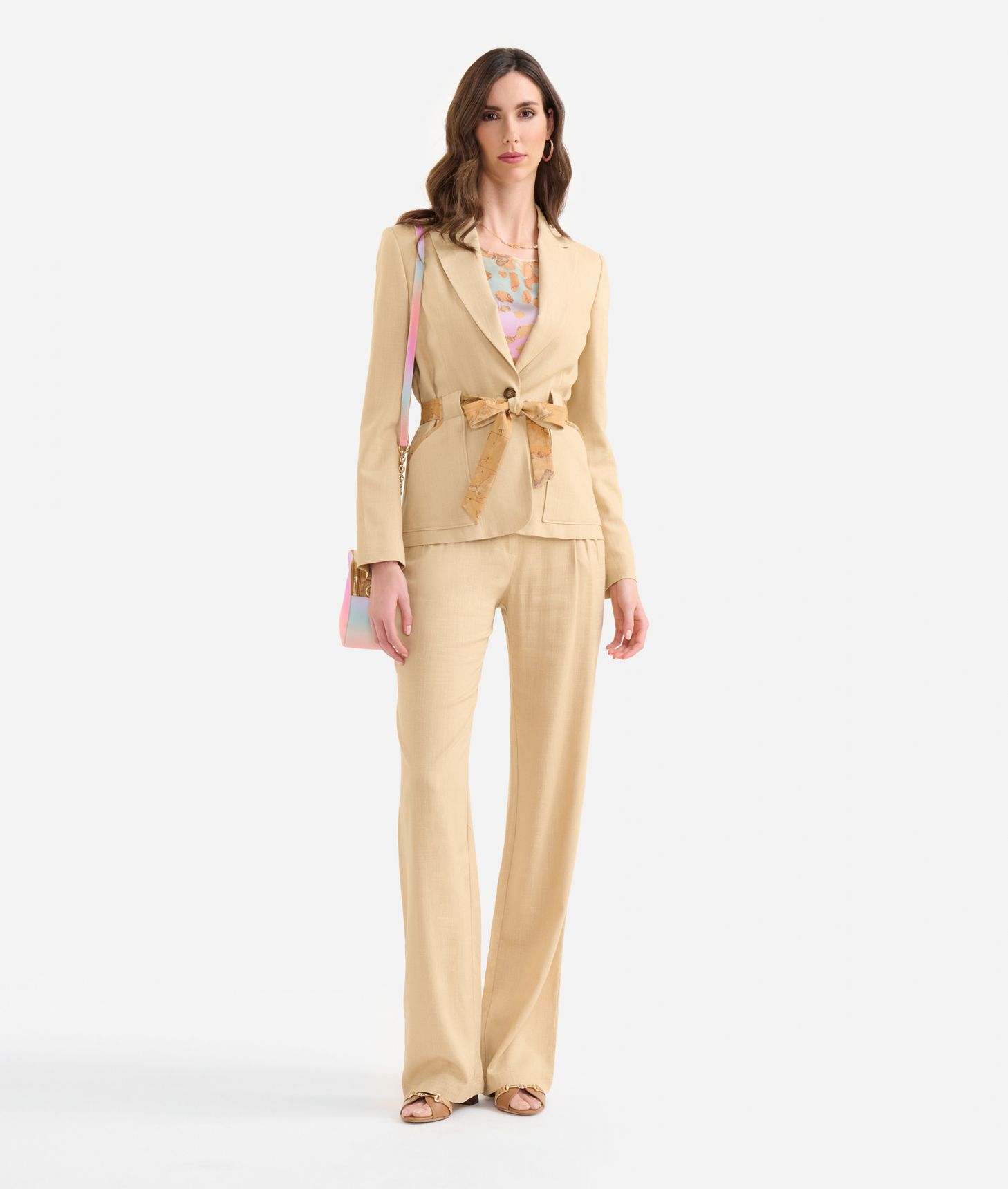 Linen and viscose blend blazer with sash Sand,front