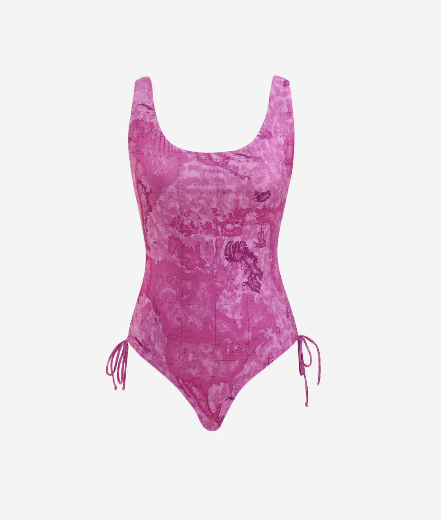Geo Color one-piece swimsuit with drawstrings Bellflower Purple,front