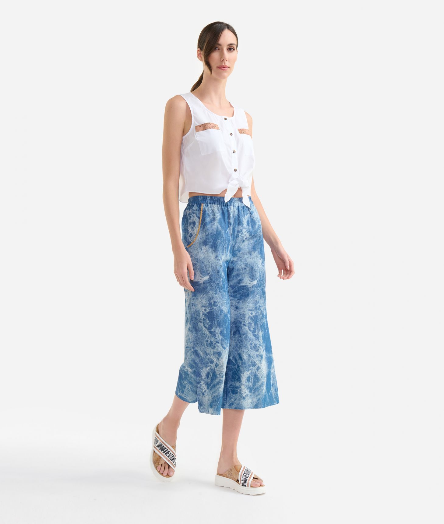 Pantaloni casual in denim batik Blu Beach,front