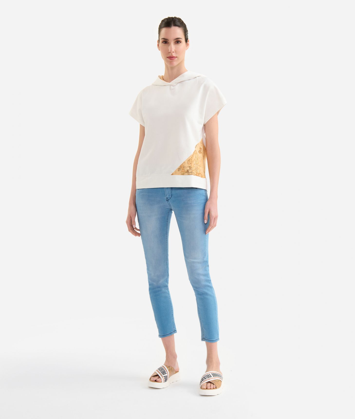 Sleeveless two-fabric stretch cotton sweatshirt Ivory,front