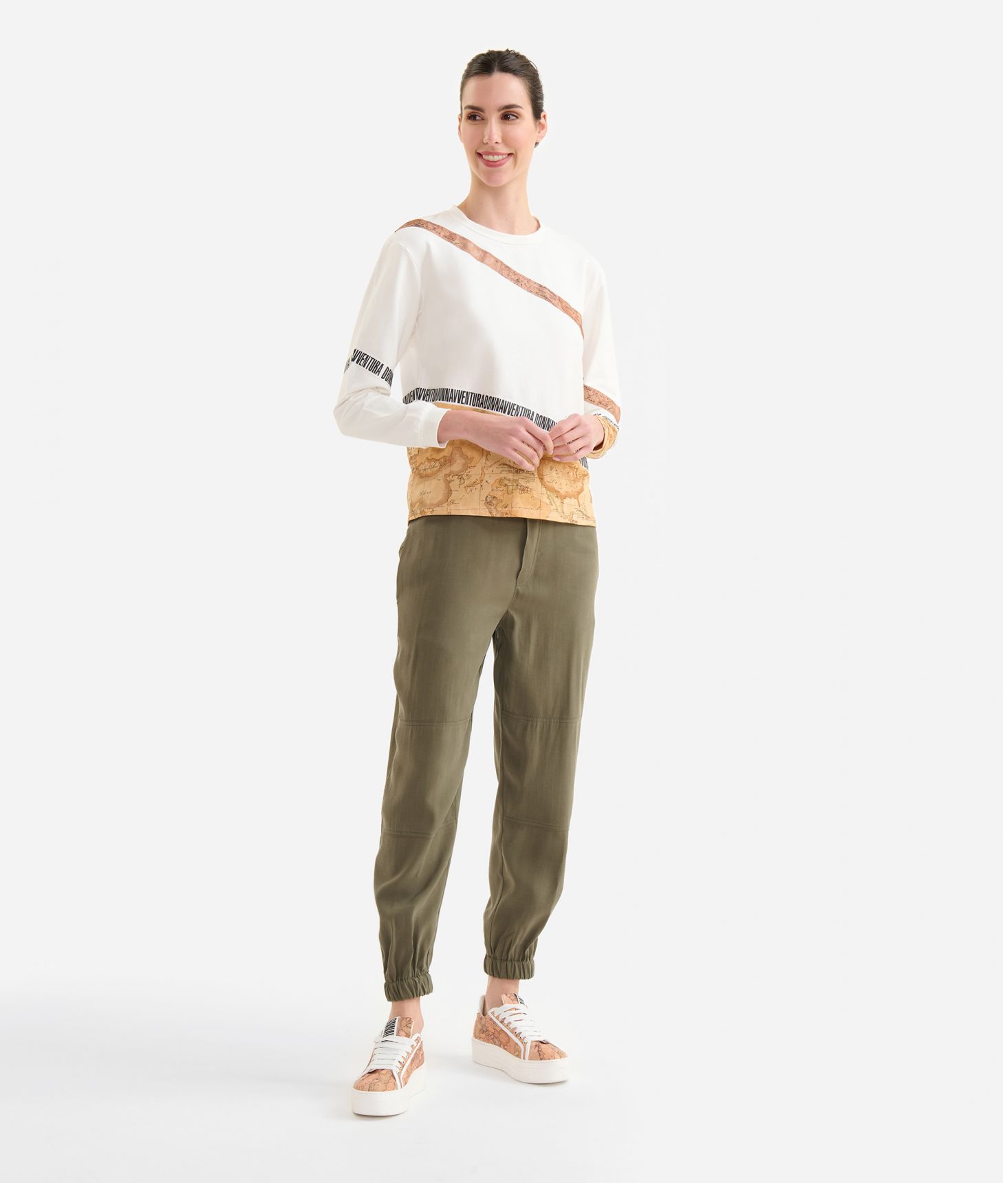 Stretch cotton two-fabric crewneck sweatshirt Ivory,front