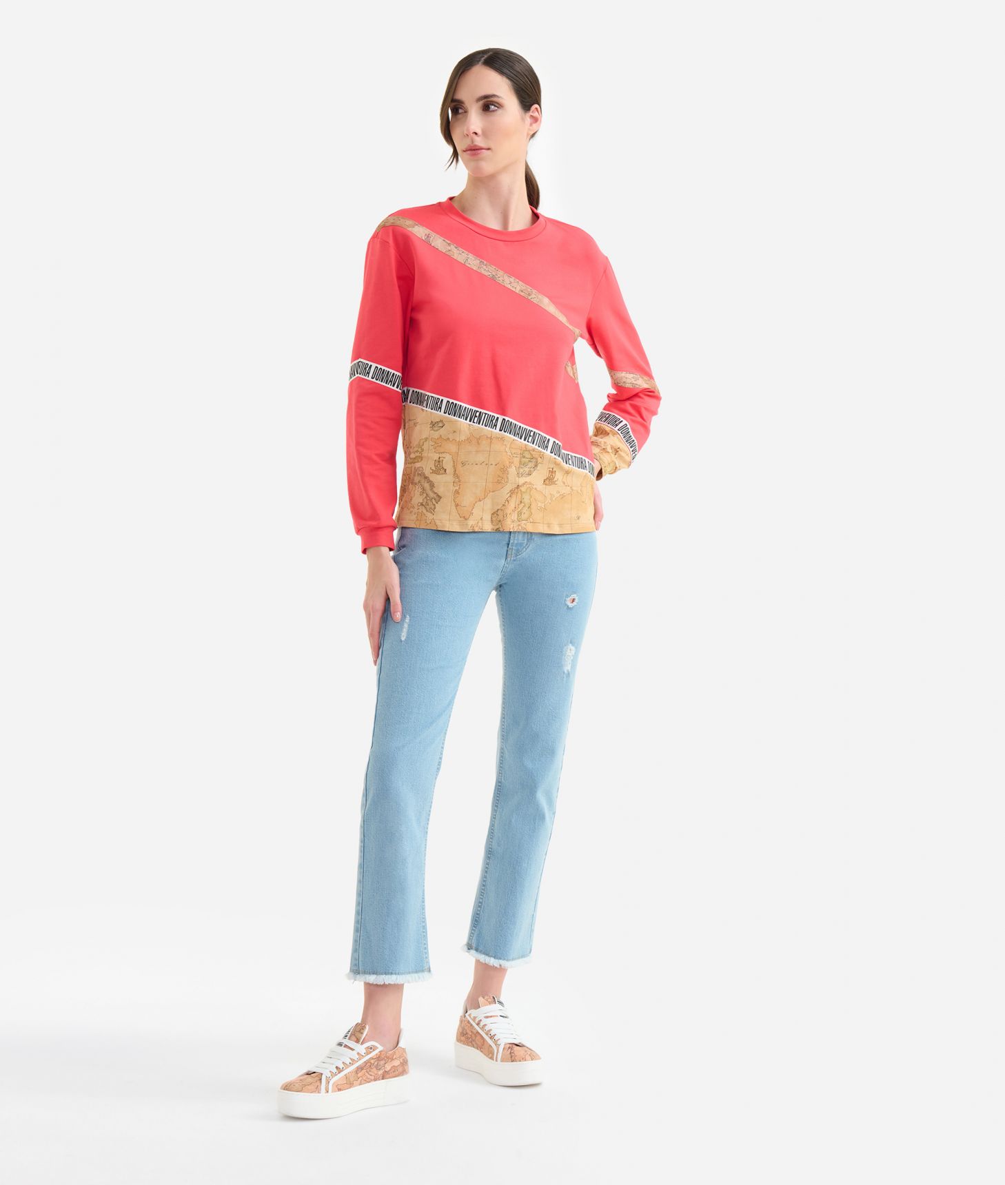 Stretch cotton two-fabric crewneck sweatshirt Coral,front