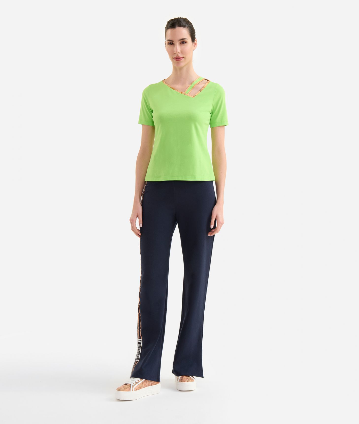 Stretch cotton jersey t-shirt with shoulder strap detail Kiwi,front