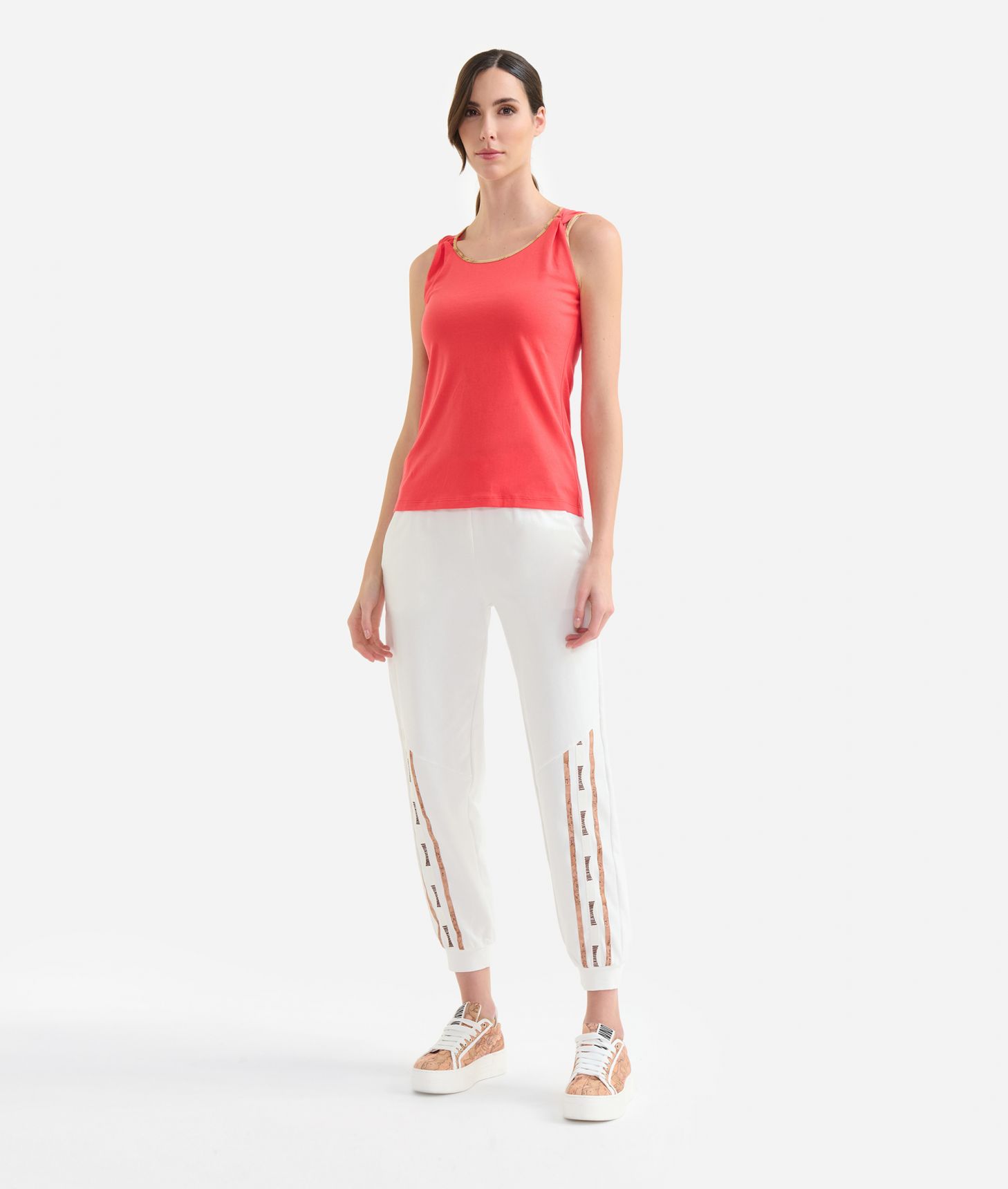 Stretch cotton jersey sleeveless top with strap knots Coral ,front
