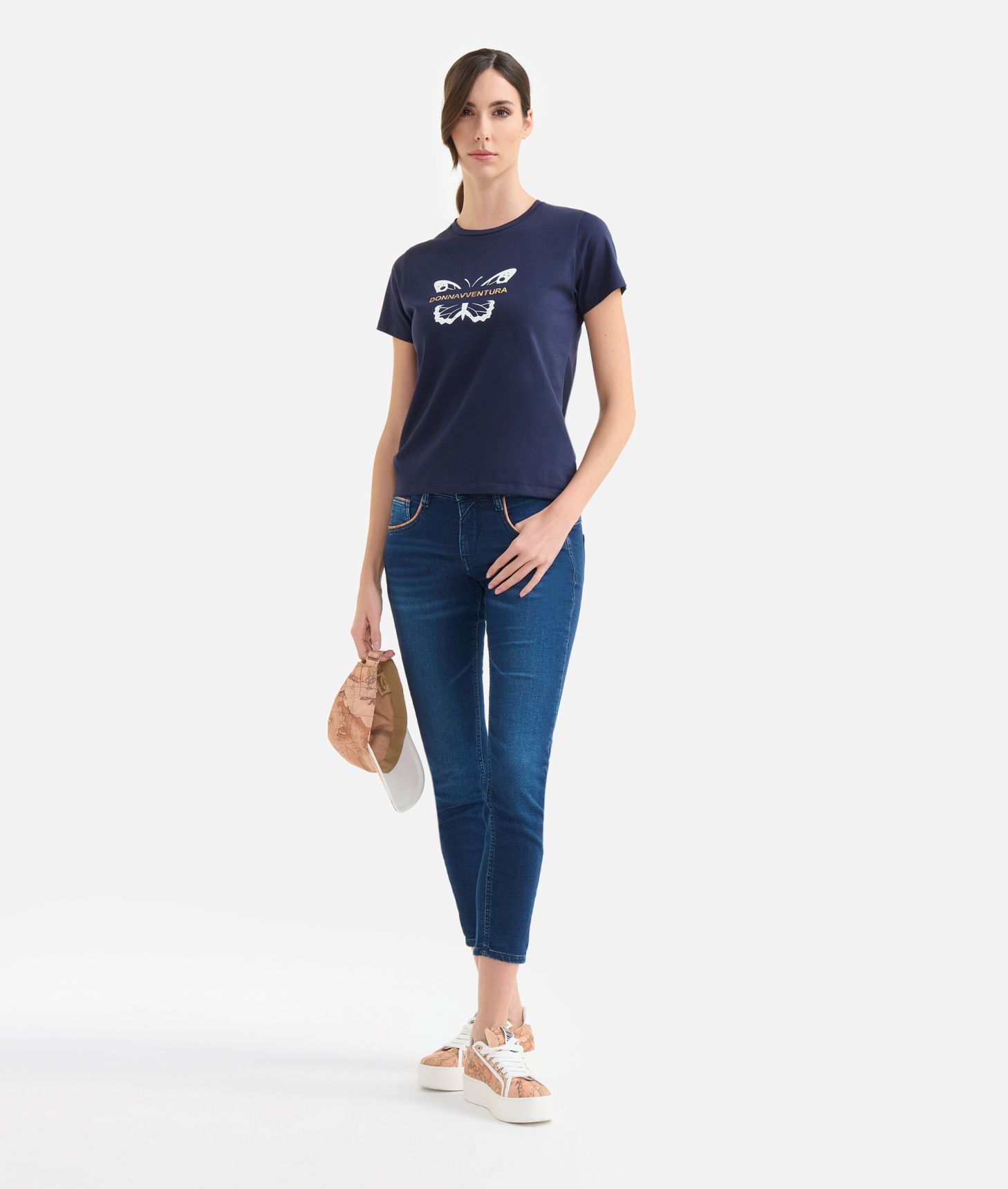 T-shirt basic con logo in jersey di cotone stretch Blu Scuro,front