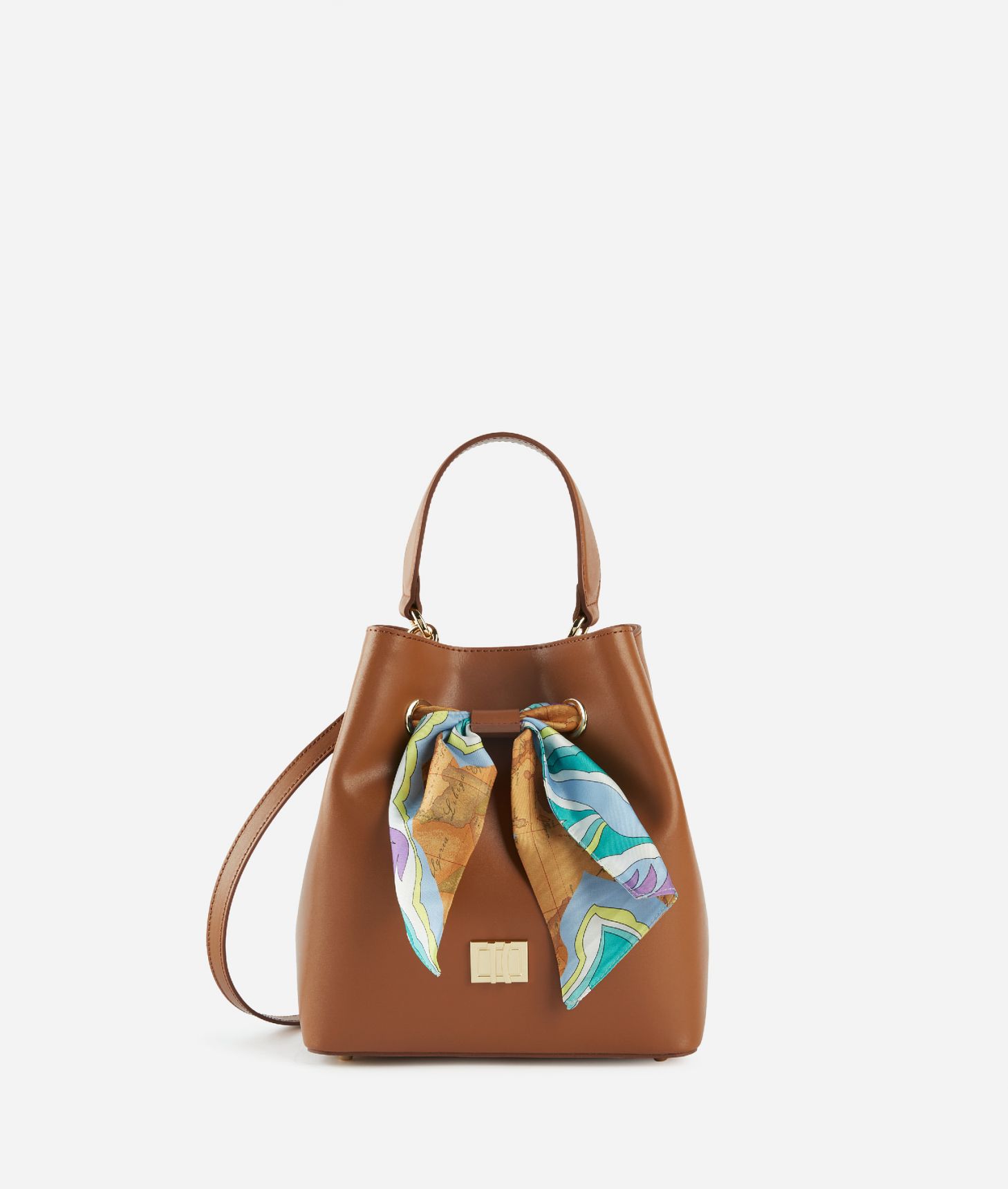 Geo Foulard bucket bag with crossbody strap Leather Brown,front