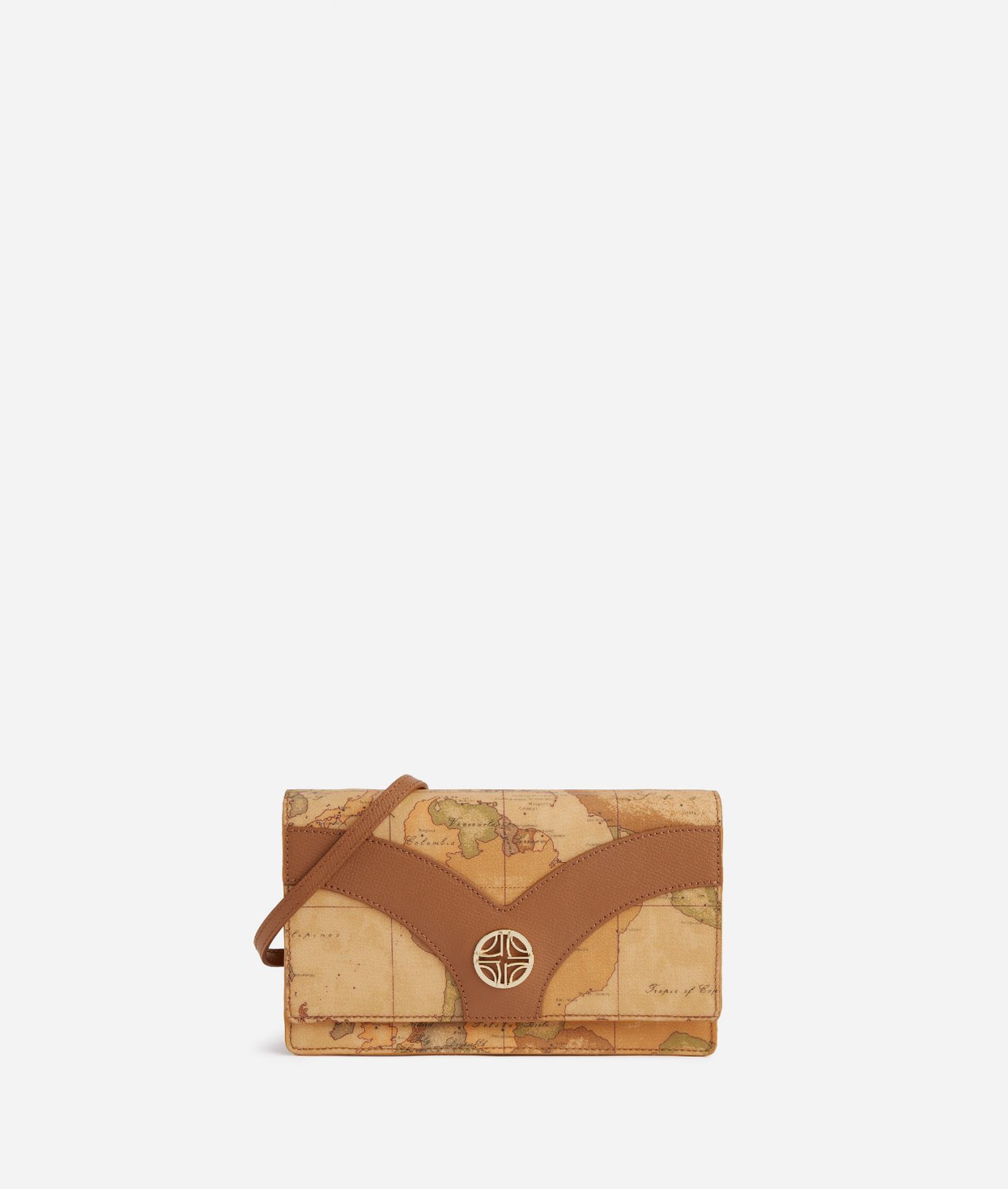 Geo Sunrise Ring clutch with crossbody strap Leather Brown,front