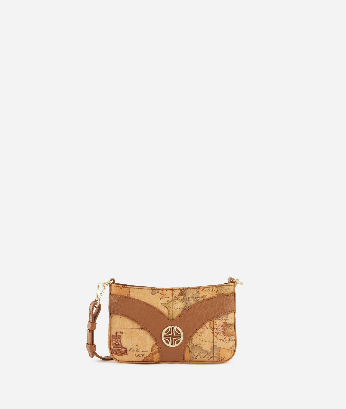 Geo Sunrise Ring pouch with crossbody strap Leather Brown,front