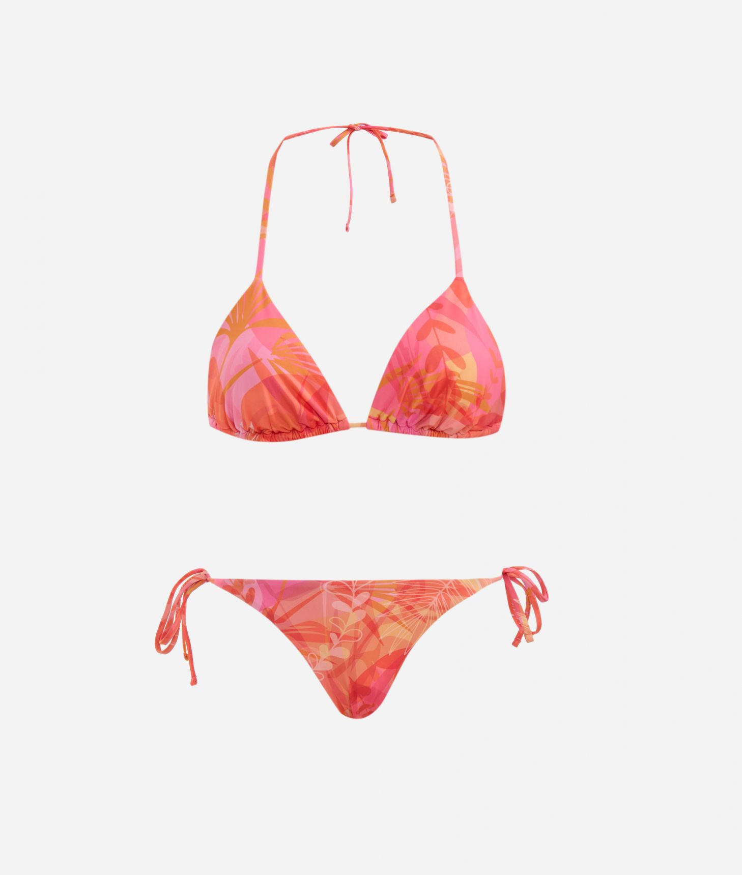 Bahamas Bag triangle bikini with Tropical print Coral Red,front