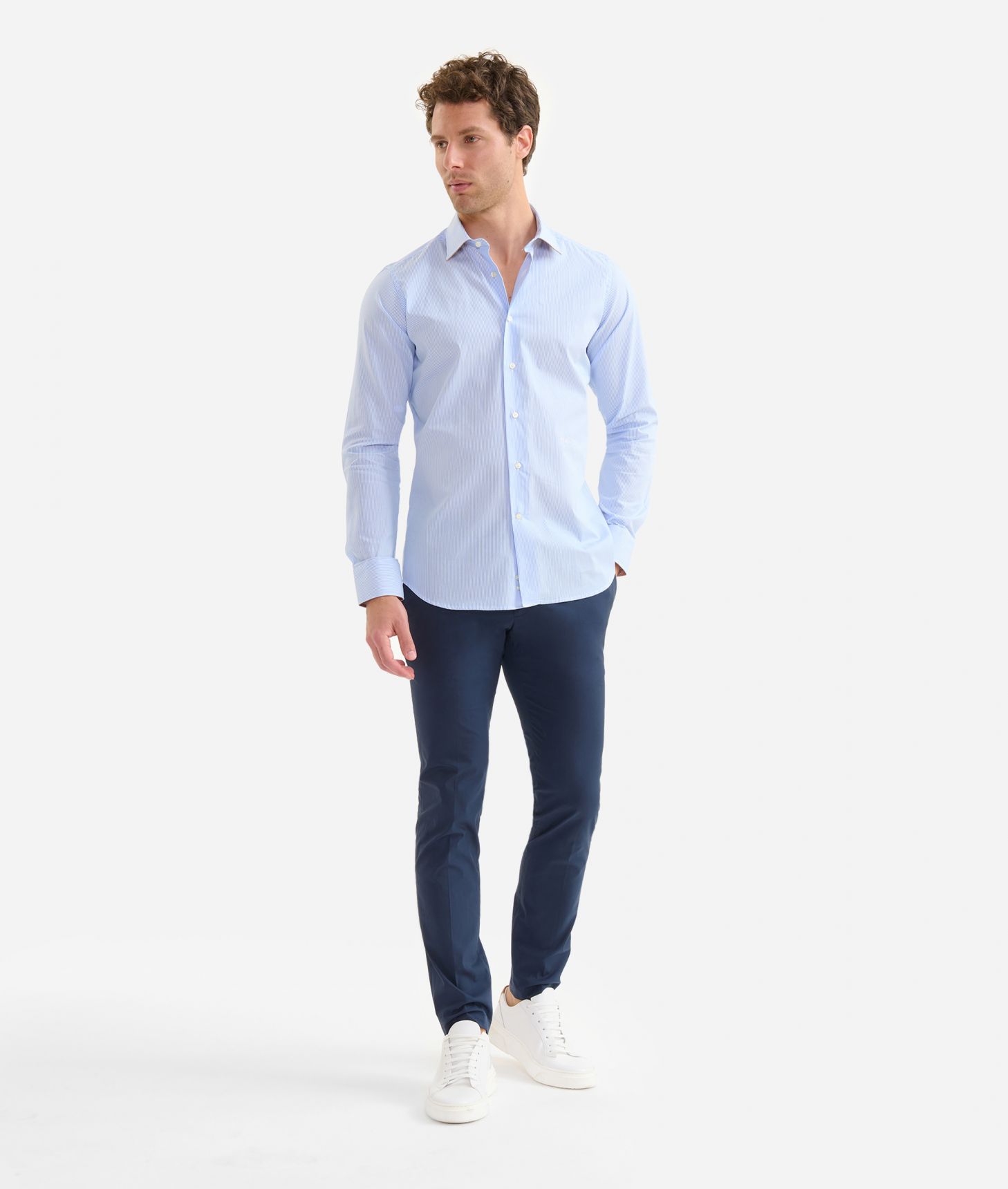 Slim fit striped cotton shirt with elbow patches Light Blue,front