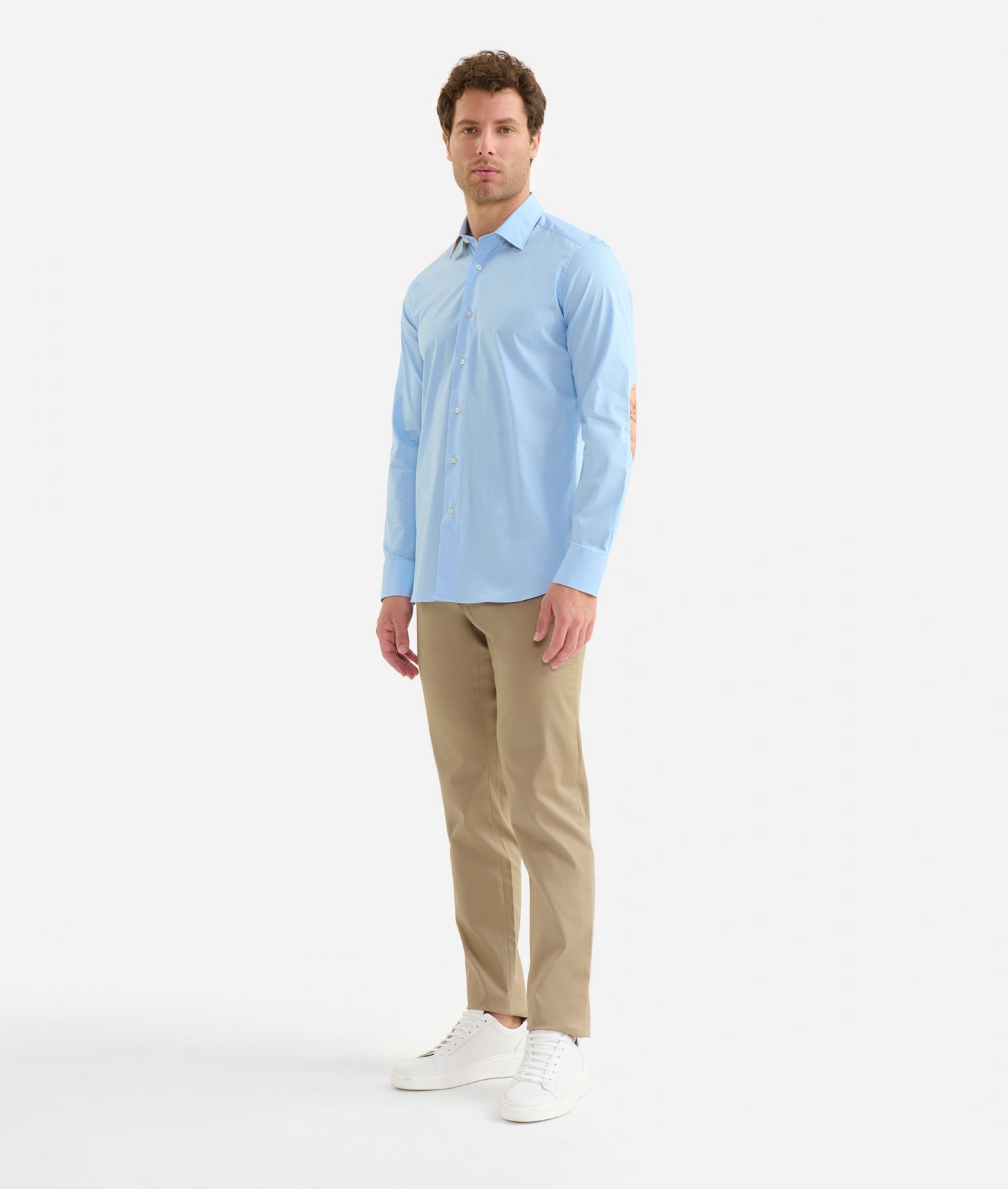 Slim fit stretch cotton shirt with elbow patches Sky Blue,front